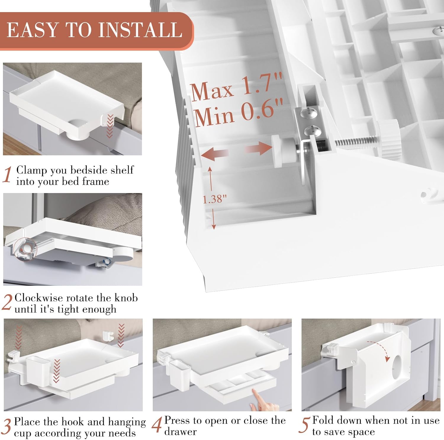 SPACEKEEPER Estante de noche para cama, estante plegable para litera, mesita de noche con clip para litera superior, dormitorio universitario,