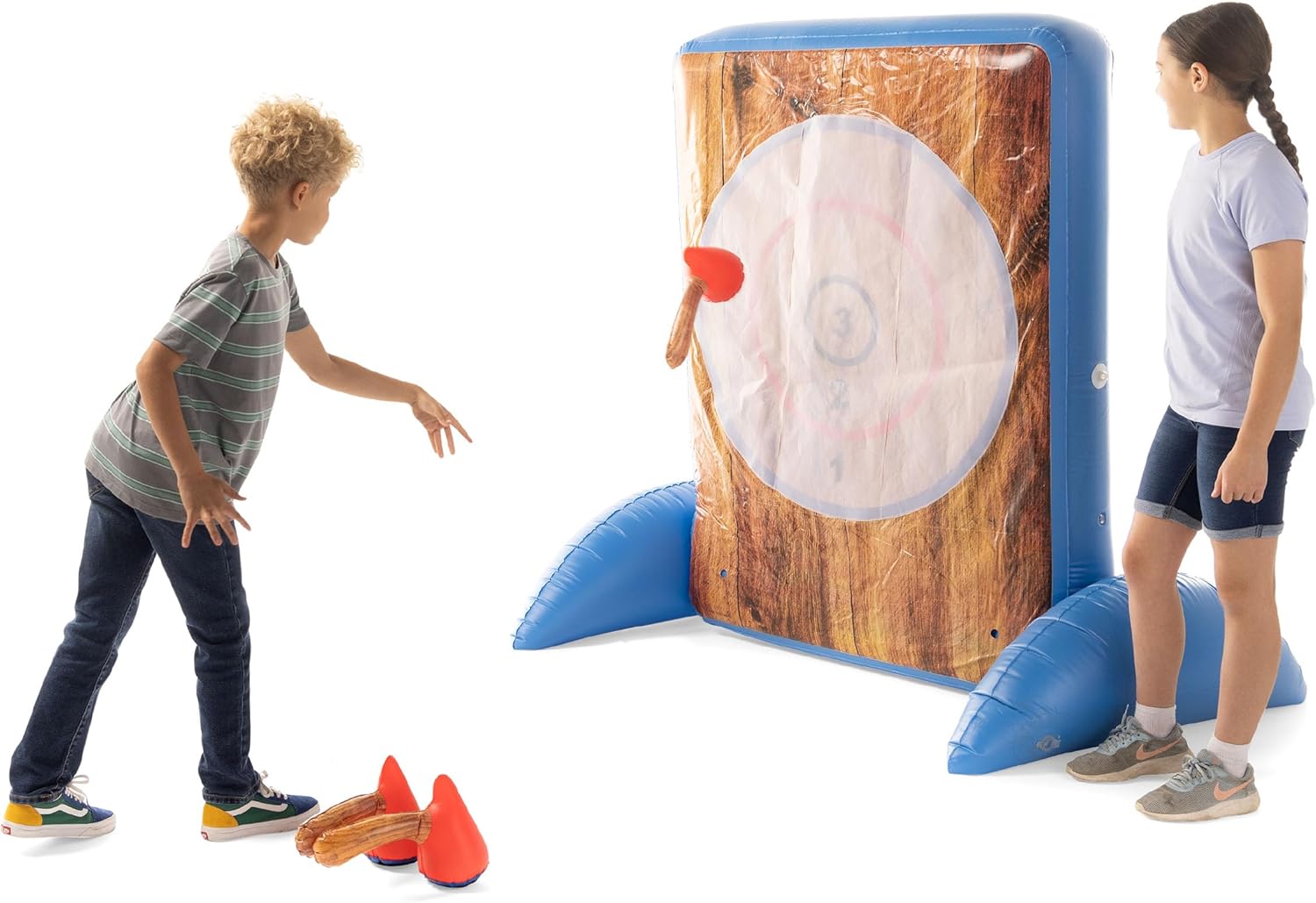 Hearthsong Juego inflable gigante de doble cara para lanzar hachas y lanzar pelotas, 58.5 pulgadas de largo x 41 pulgadas de ancho x 58.5 pulgadas