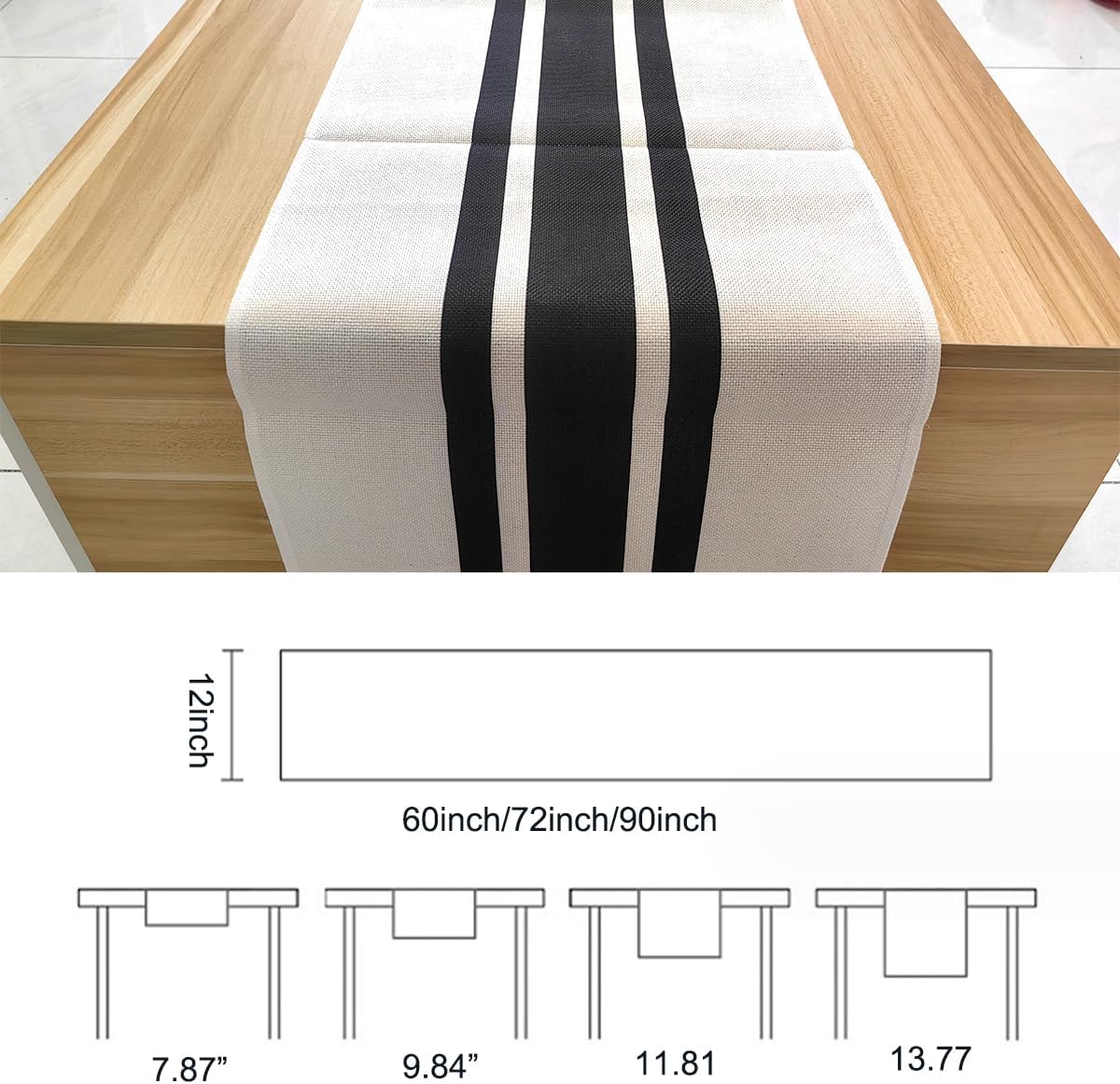 Camino de mesa, moderno camino de mesa de granja, camino de mesa a rayas negras y beige para mesa de comedor rústica bohemia (rayas negras12 x 72
