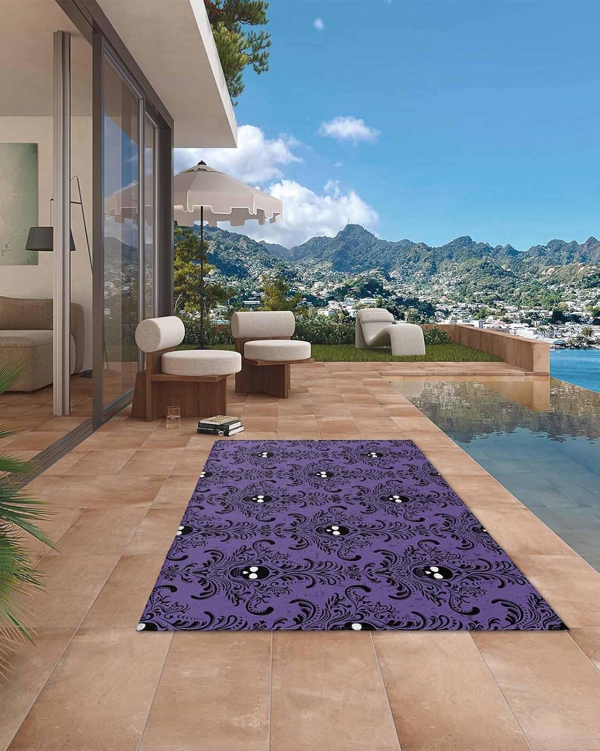 Outdoor Rugs, Waterproof Indoor Carpet, Happy Halloween Purple Black Skull Patten 4’x6′ Outside Area Rug for Patios RV Camping Beach Floor Mat for