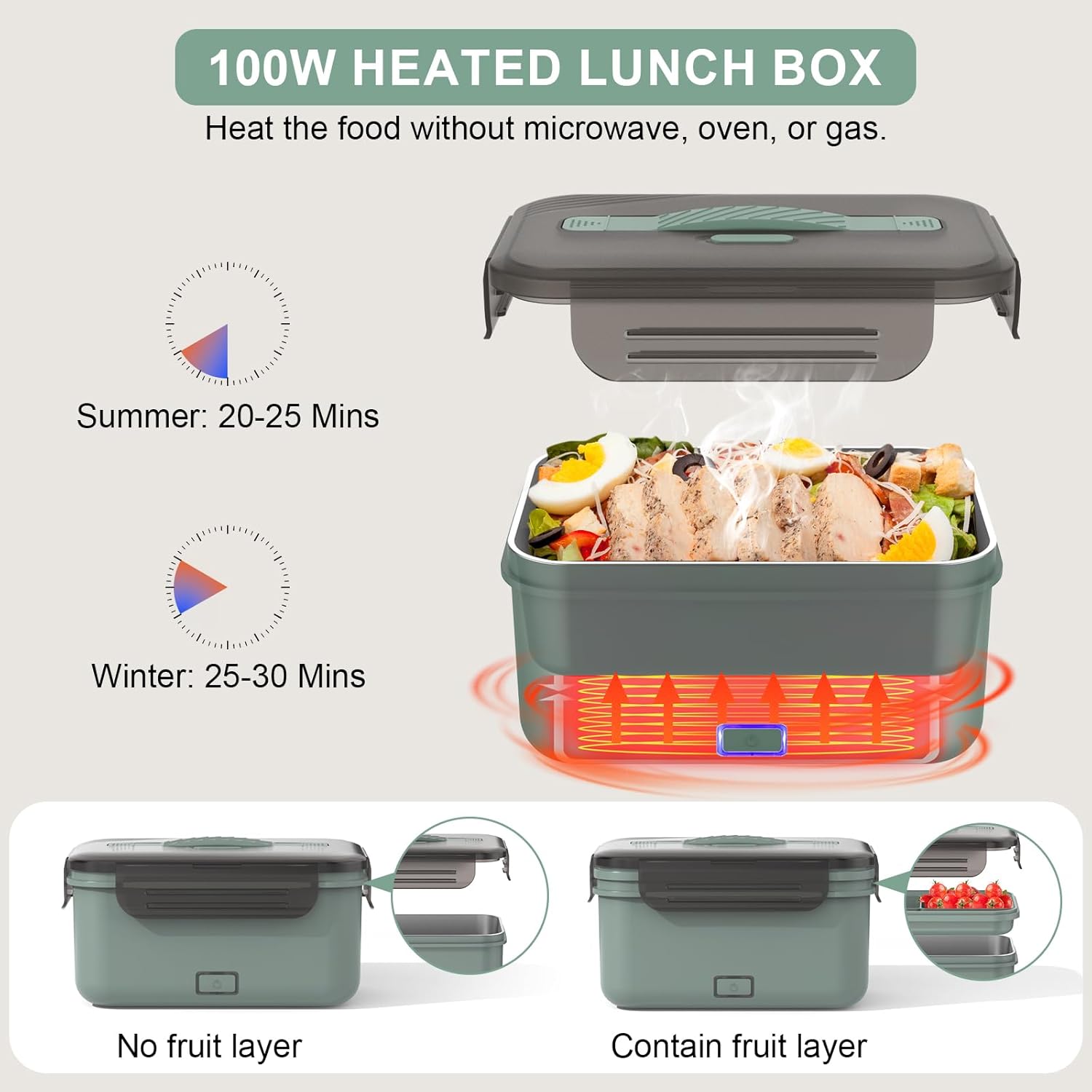 Fiambrera eléctrica de 100 W, 4 en 1 para adultos, lonchera térmica portátil para el trabajocochecamión, con cuchara tenedor y recipiente de acero