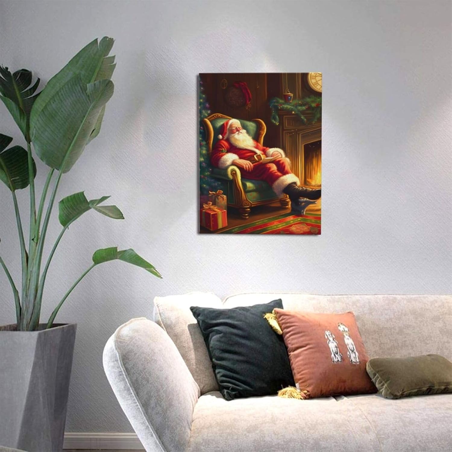 WEASYYDS Lienzo decorativo para pared de Papá Noel para dormir, chimenea, decoración de invierno, póster de Papá Noel, pintura para el hogar,