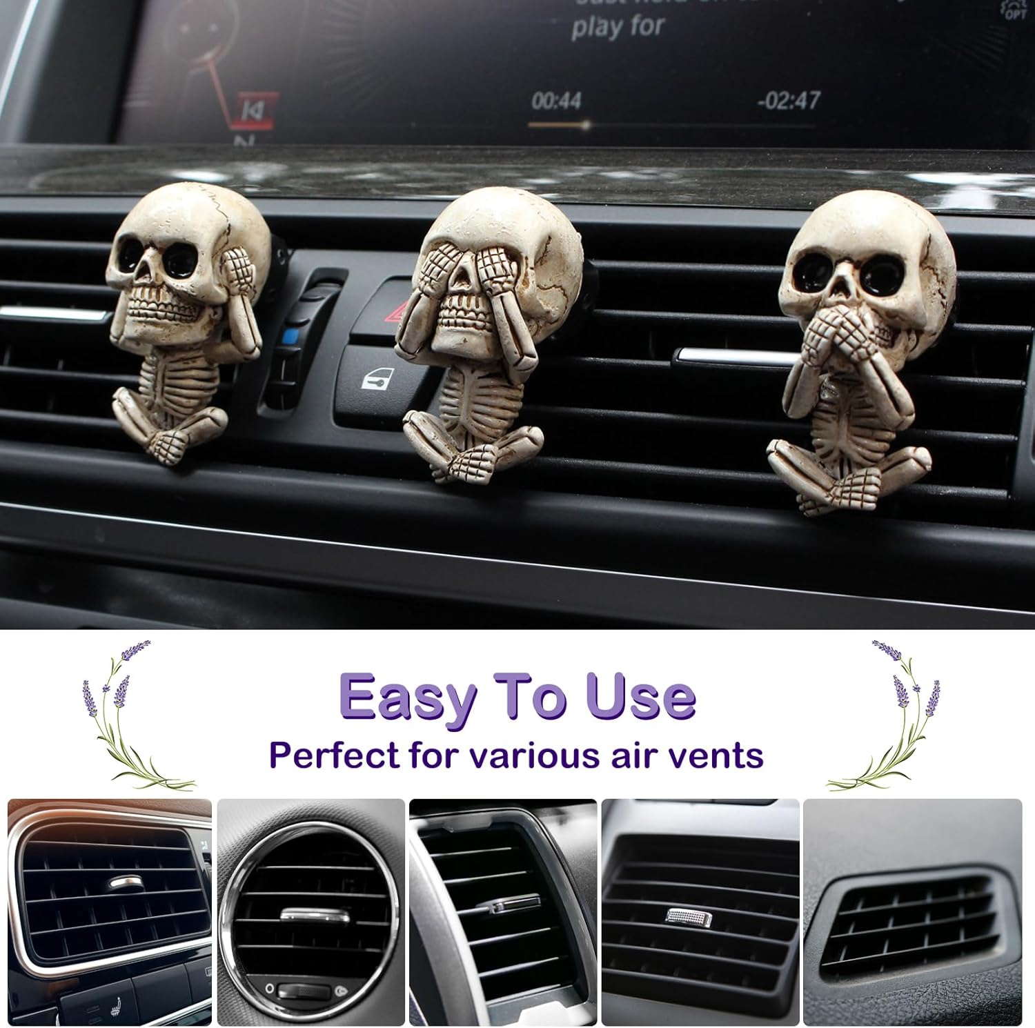 Ambientadores de calavera para automóvil, clips de ventilación con aceite esencial de lavanda pura de 0.3 onzas líquidas, accesorios de decoración
