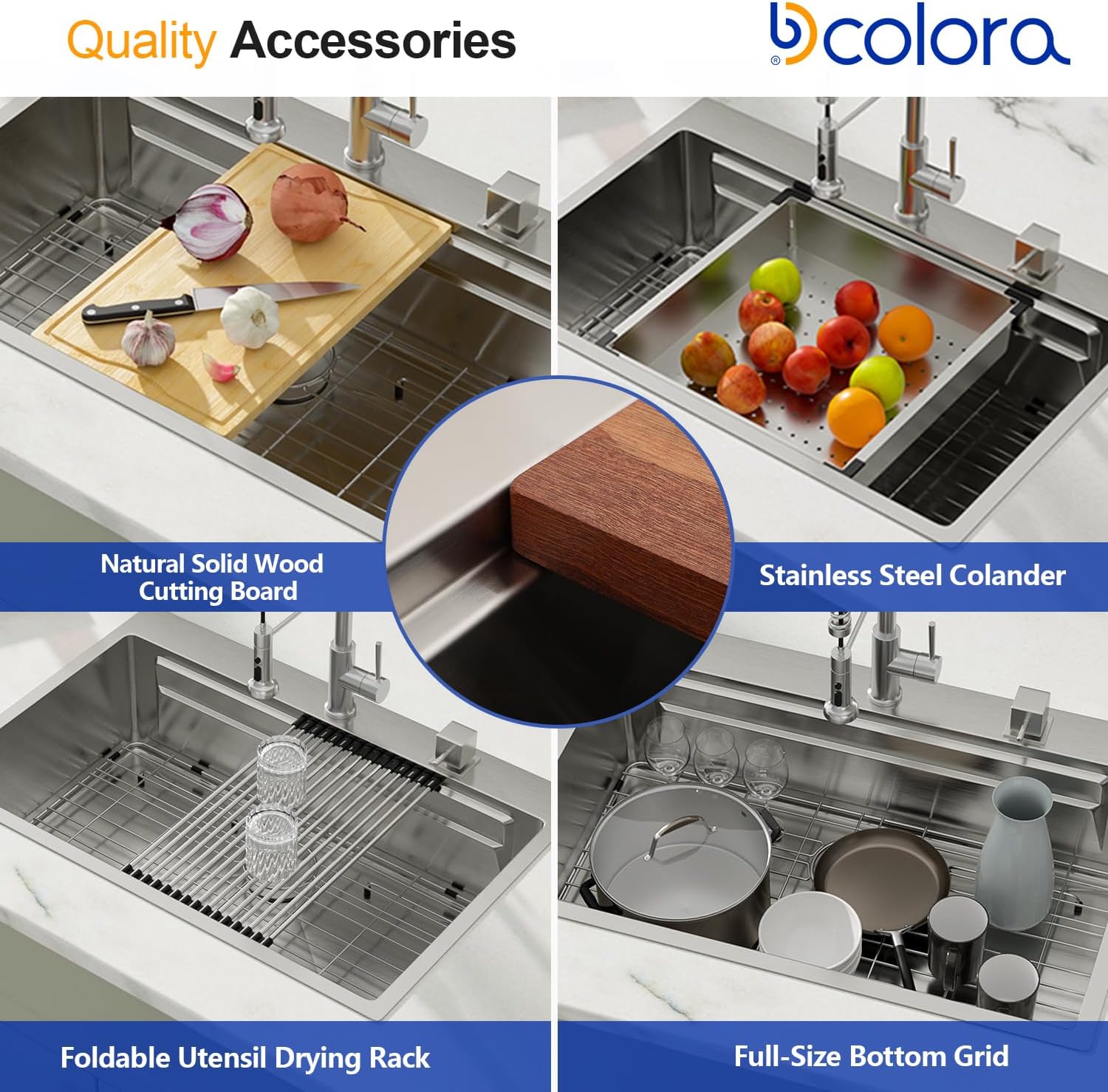 Dcolora Fregadero de cocina de 33 x 22 pulgadas, estación de trabajo de repisa de dos niveles, fregadero de acero inoxidable de calibre 16,