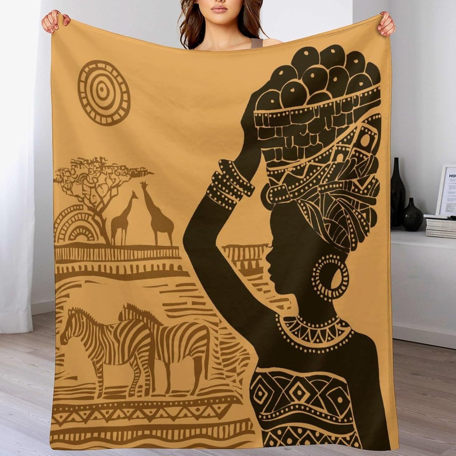 Manta de mujer afroamericana con animales salvajes de naturaleza y animales salvajes, para cama, sofá, sillón de doble cara, silla de oficina,