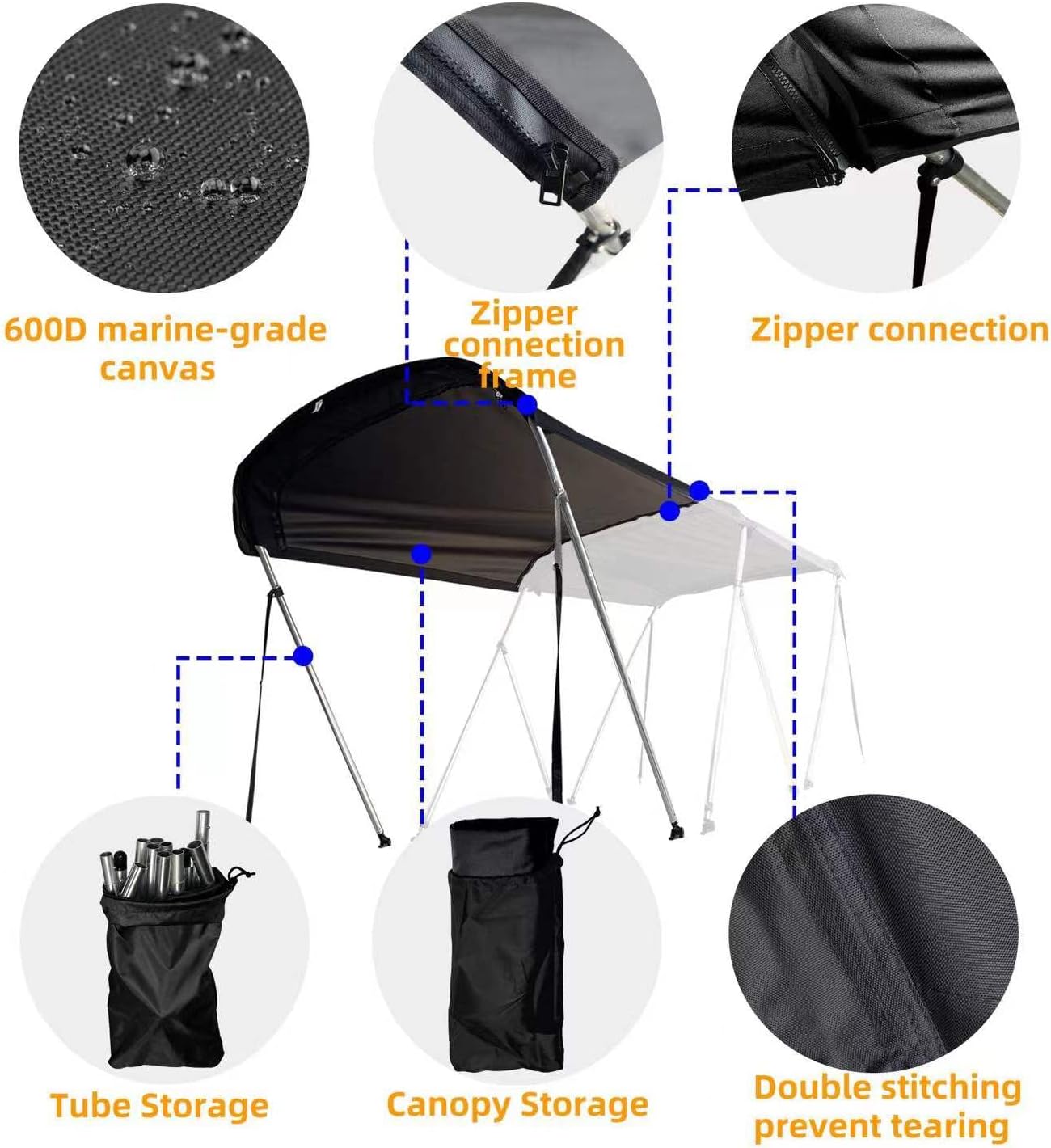 Kit universal de parasol Bimini de 2 a 4 lazos en la parte superior y en T para lancha de 54 a 103 pulgadas de ancho, a prueba de rayos UV, lona