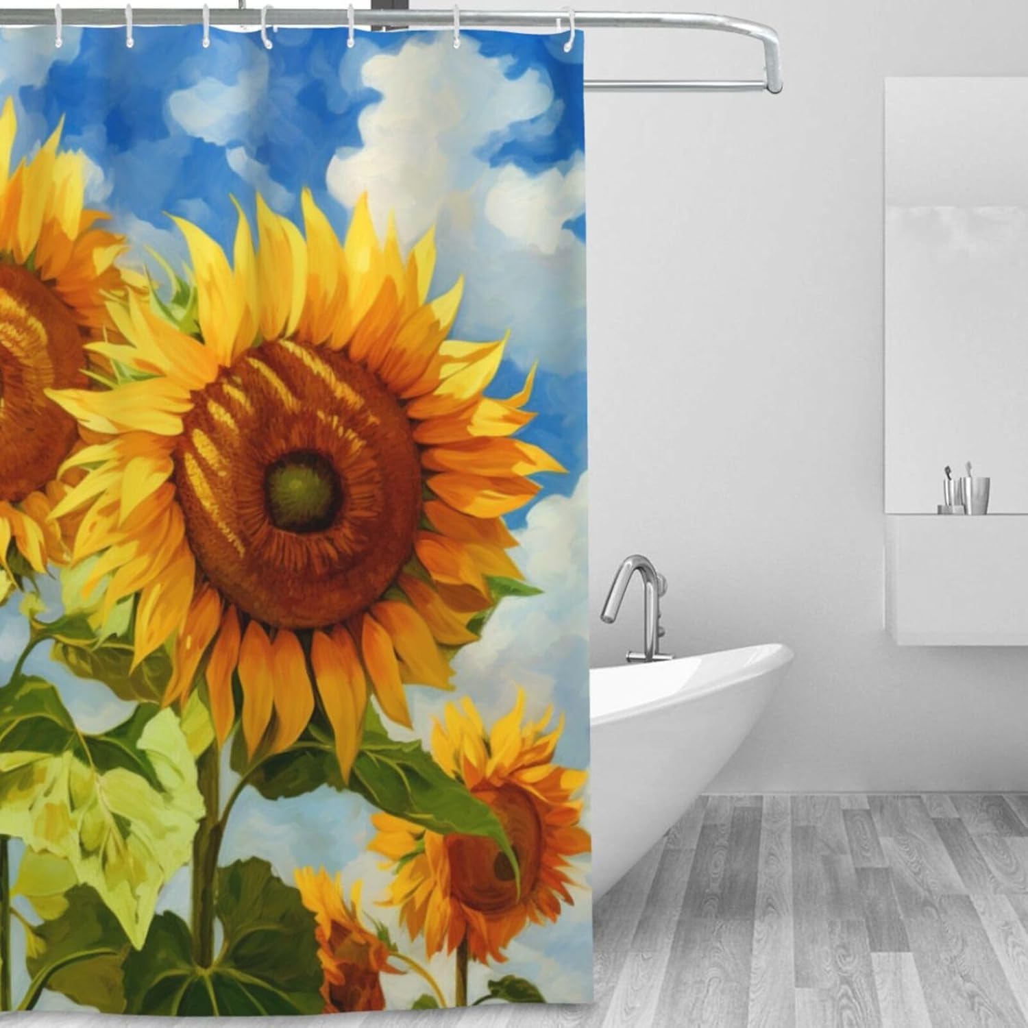 YLATY2314 – Cortina de ducha de girasol para baño, pintura al óleo, hojas verdes, flores, bohemio, tela amarilla abstracta, moderna, impermeable,