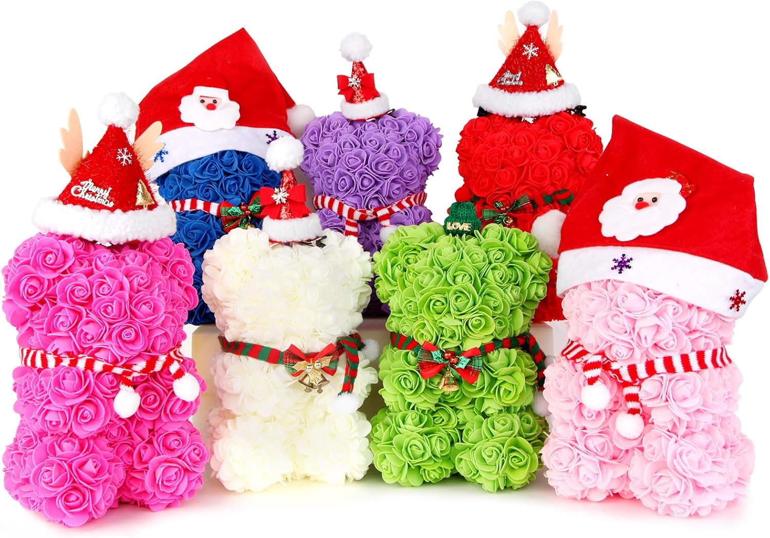 CODE FLORIST Oso de rosas, juego de disfraces con 3 sombreros y 2 bufandas, oso de peluche de flores artificiales, regalo de Navidad, regalo del día