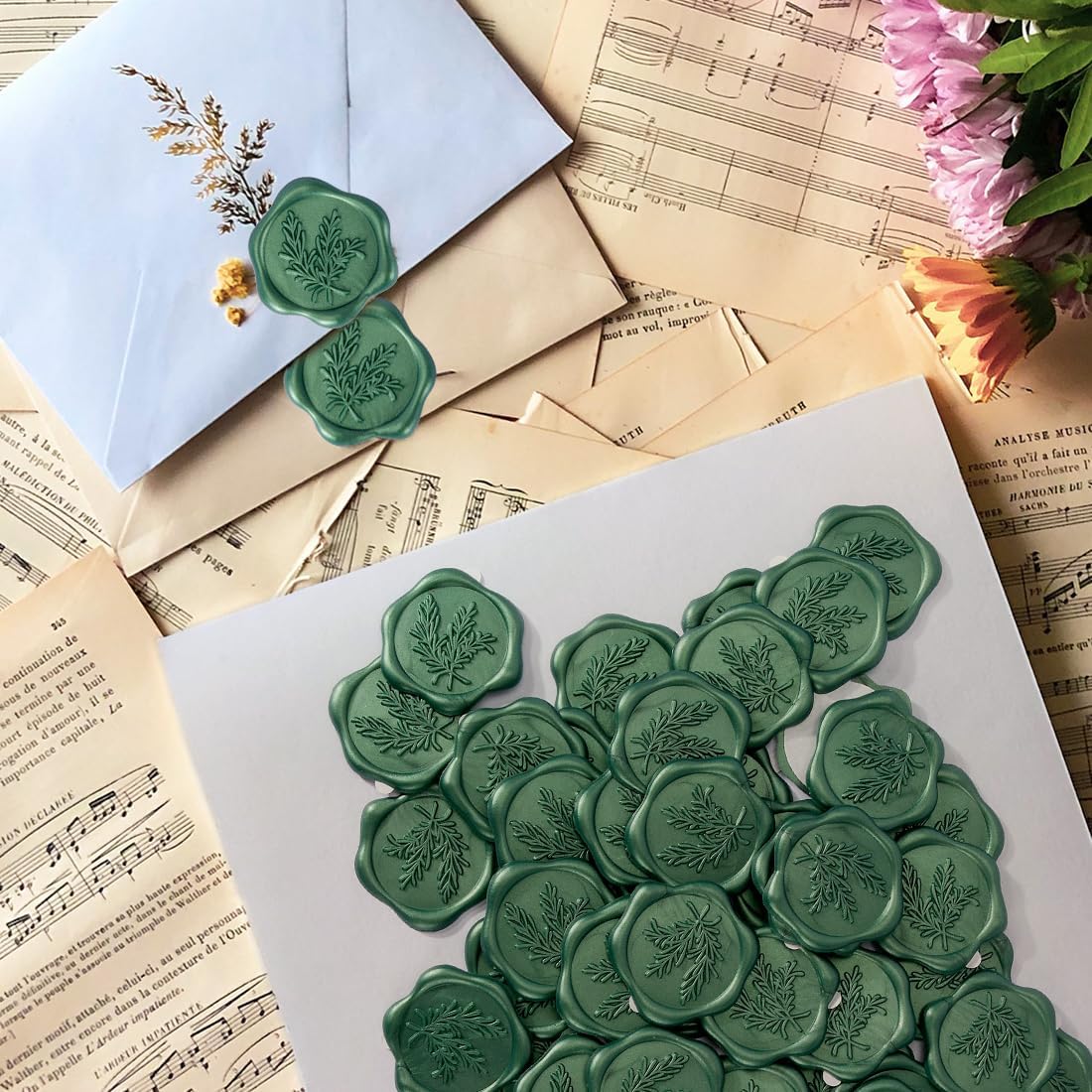 Calcomanías adhesivas de cera de romero verde, sellos de sobre para invitación de boda, tarjetas de agradecimiento, envoltura de regalos y bolsas,