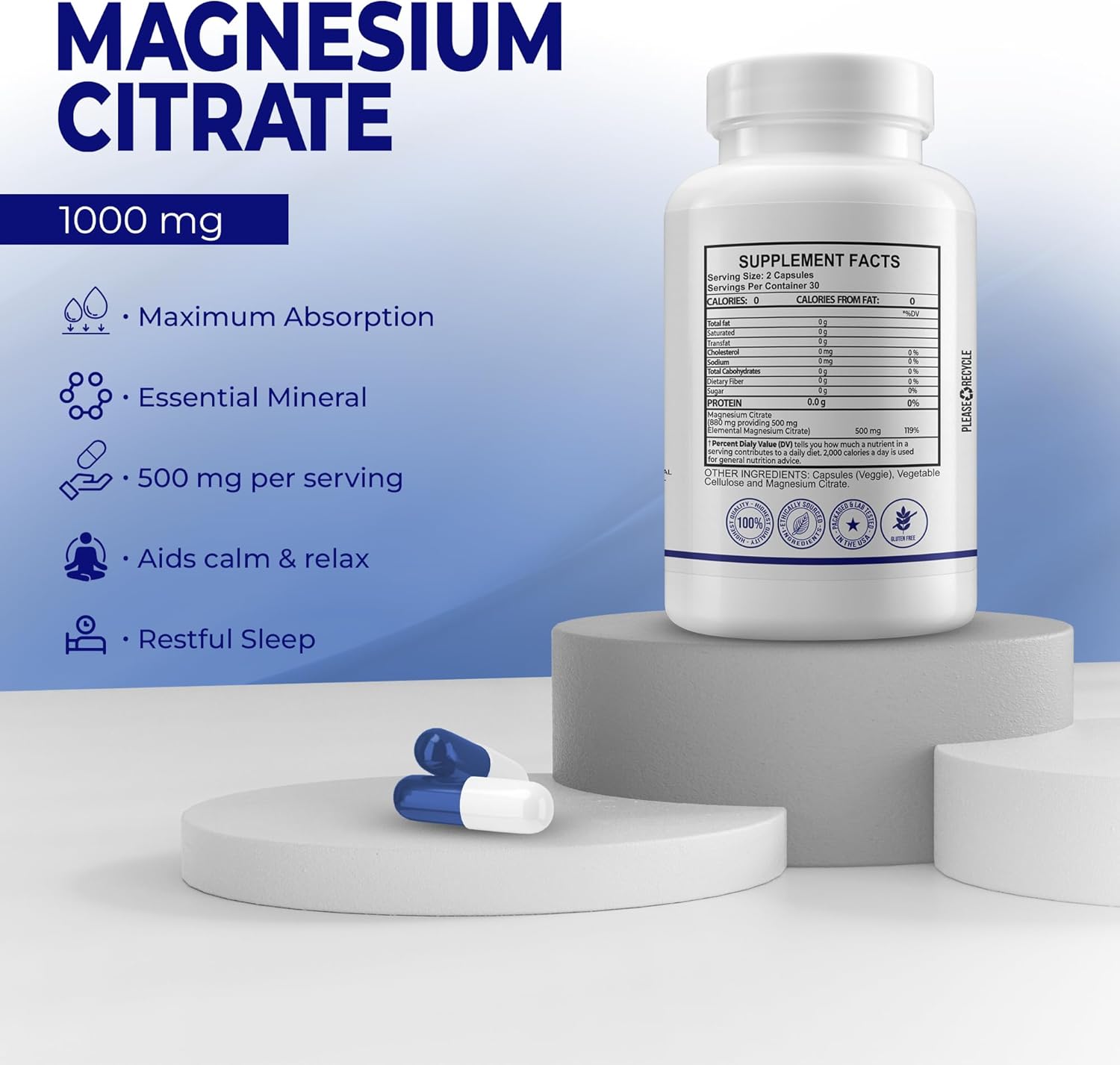 Suplemento dietético de citrato de magnesio – altamente absorbible – Promueve huesos saludables, apoya las funciones nerviosas y musculares – 60