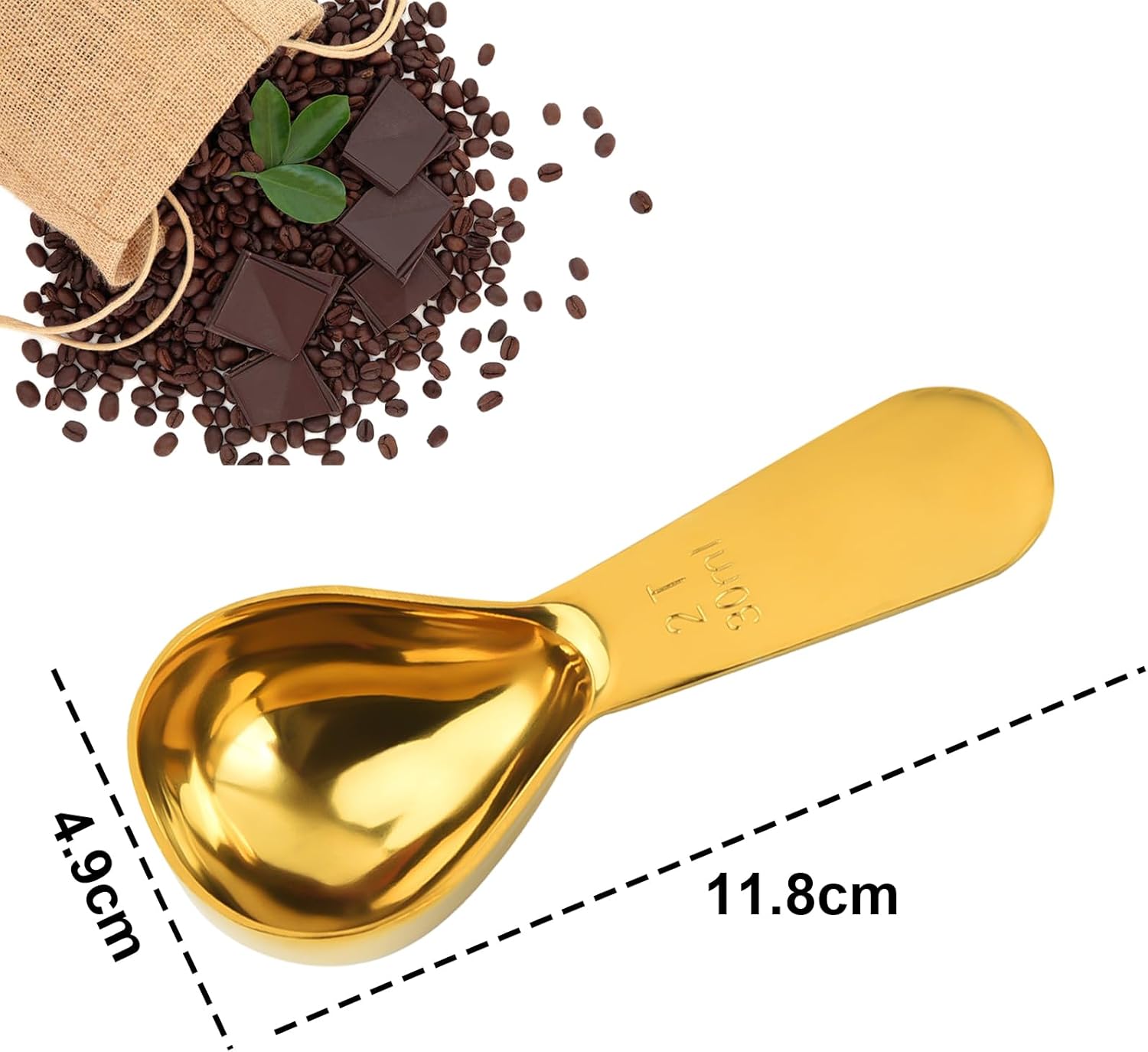 Paquete de 2 cucharas de café, cucharadas de café de acero inoxidable, cucharas medidoras para té, azúcar, café molido, grano entero (oro, 1.06 fl
