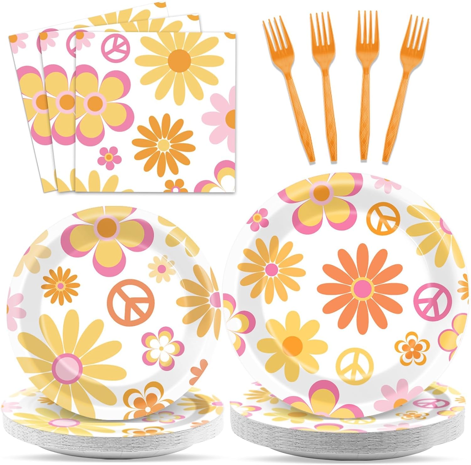 96 piezas de suministros de fiesta geniales para 24 invitados, retro, hippie, bohemio, platos, servilletas, margaritas, flores, decoración de mesa