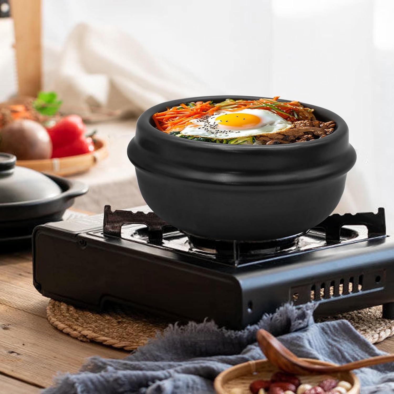 laffoonparts Juego de ollas de piedra de cocina coreana, cerámica premium, cuenco de piedra de 6.3 pulgadas de diámetro para bibimbap y sopa, olla
