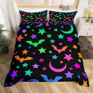 Erosebridal Juego de ropa de cama con diseño de murciélagos y cielo estrellado colorido para niños pequeños, funda de edredón de estrellas Erosebridal Juego de ropa de cama con diseño de murciélagos y cielo estrellado colorido para niños pequeños, funda de edredón de estrellas