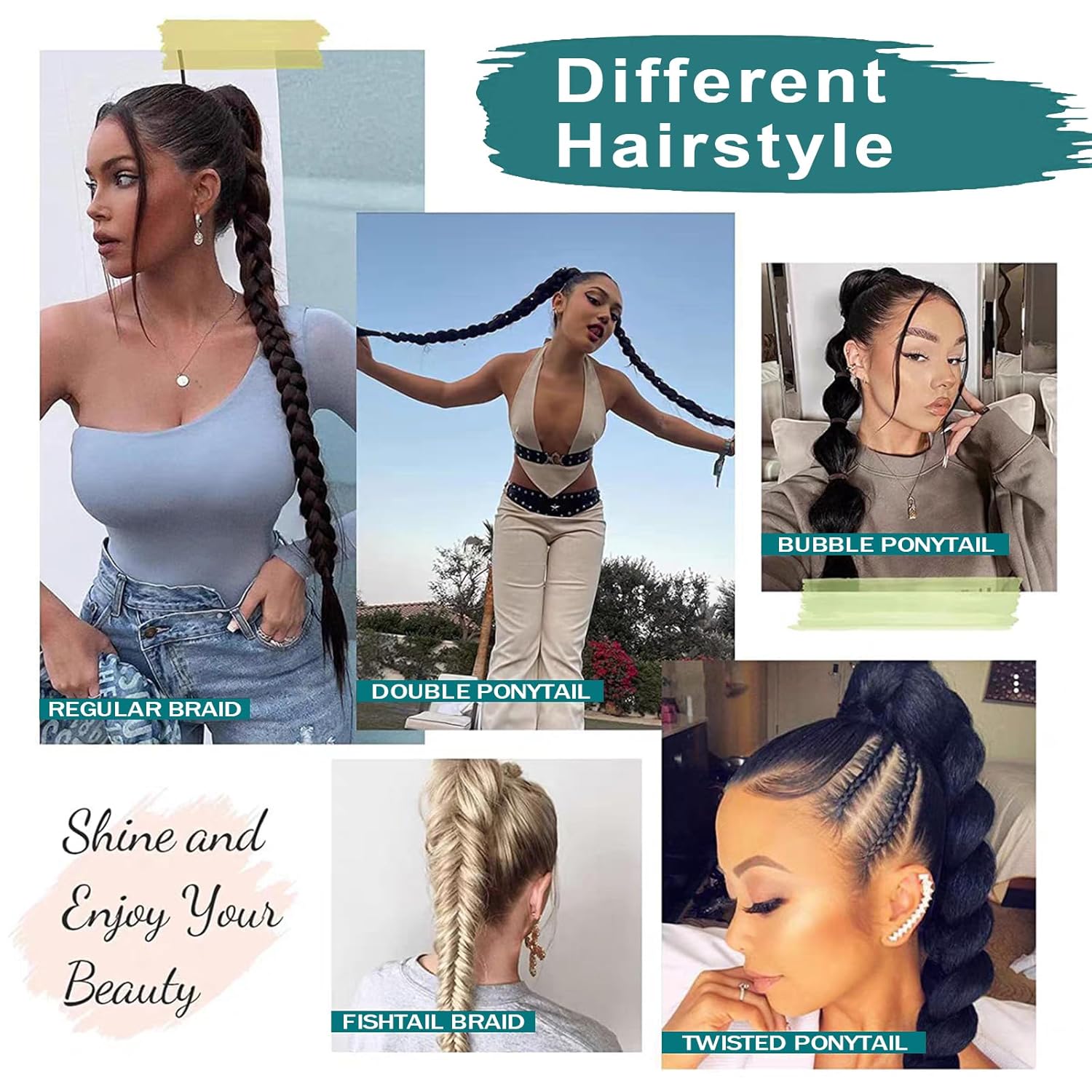 EMMOR Extensión de cola de caballo larga trenzada con cabello lacio envolvente, extensiones de cabello sintético suave y saludable para mujeres y