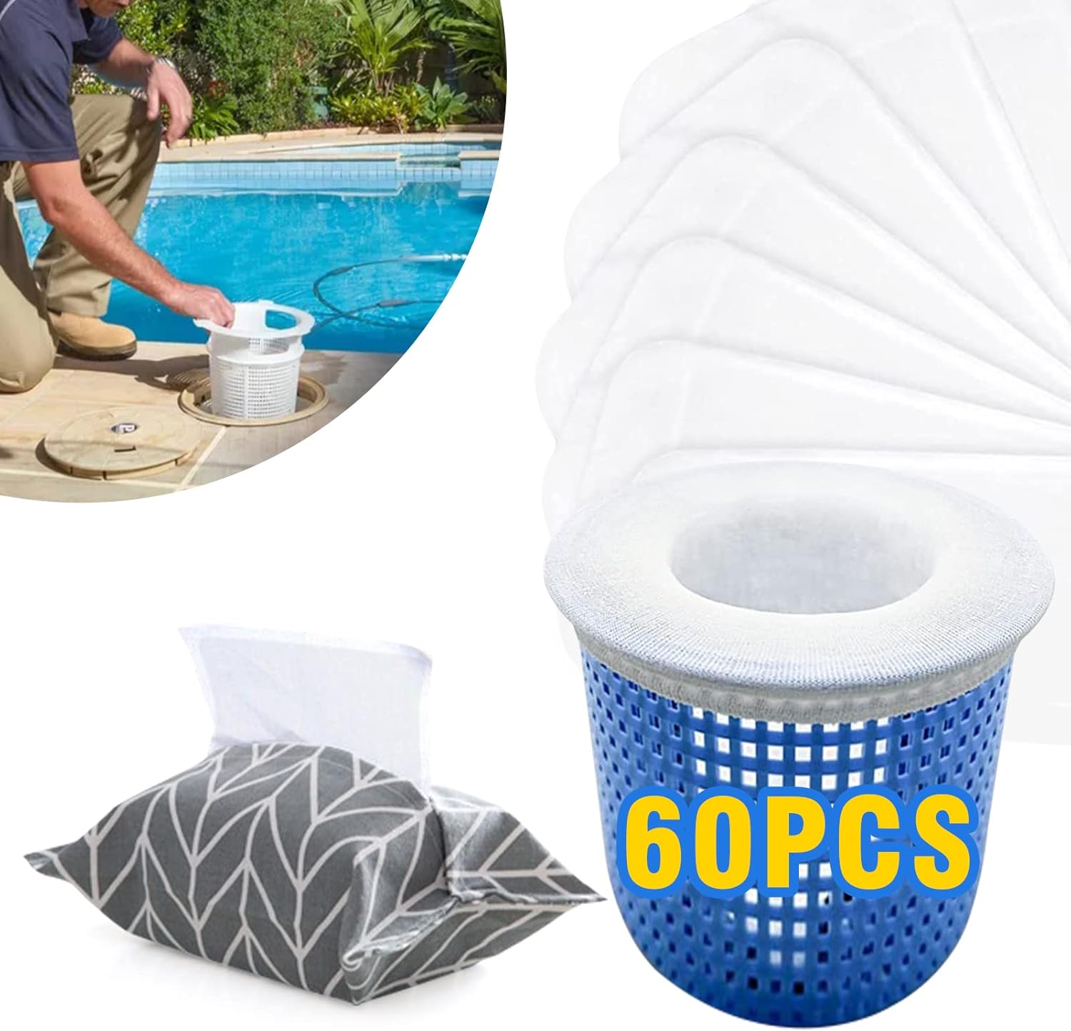 60 calcetines de filtro para piscina sobre el suelo y en el suelo, redes de piscina para limpieza, calcetines de malla ultra fina para cesta de
