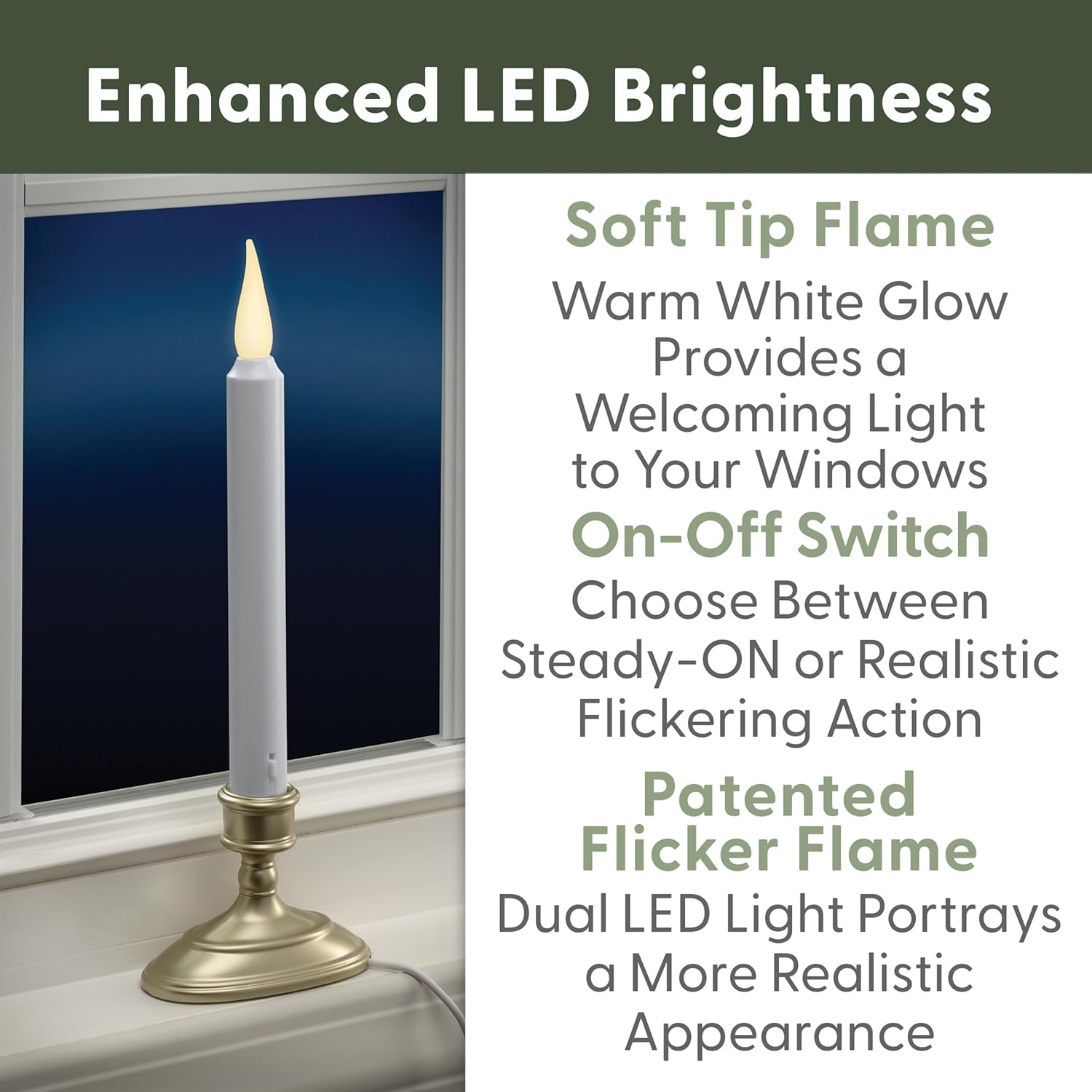 612 Vermont Velas LED eléctricas para ventana con sensor del anochecer al amanecer, llama parpadeante blanca cálida o encendido constante, adaptador