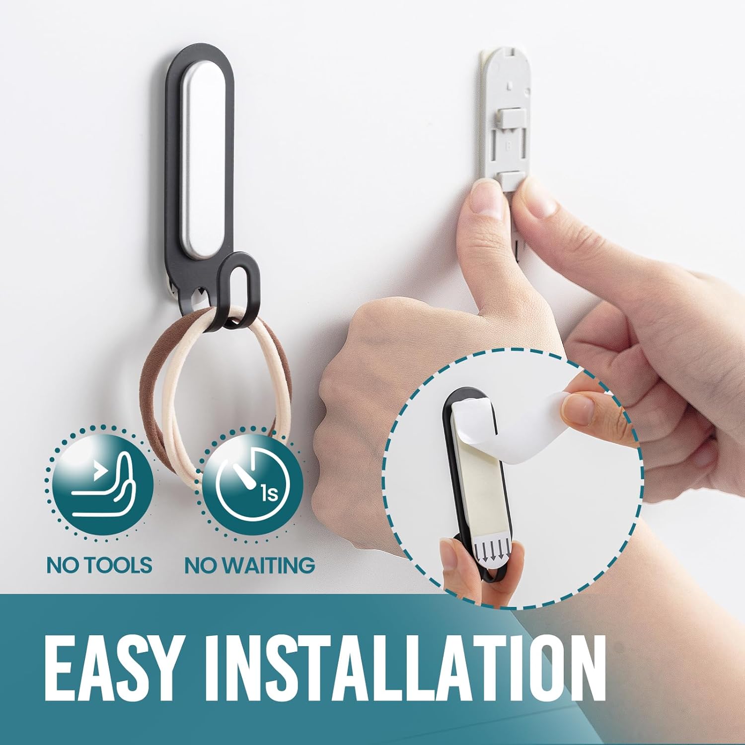 TAILI Ganchos de pared de metal ampliados para colgar sin daños con tiras adhesivas, ganchos adhesivos resistentes para almacenamiento del hogar y