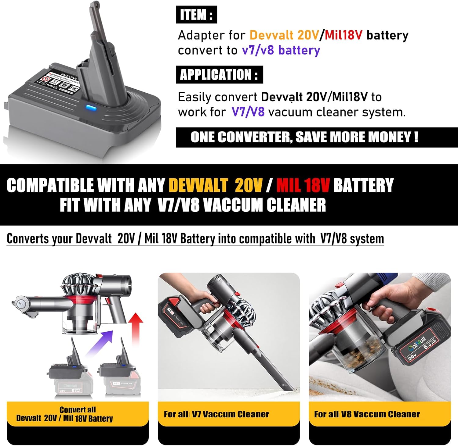 Adaptador V7V8 para batería de aspiradora V7+V8, conversión para Devvalt 20VMil 18V Batería de litio Reemplazo para V7 V8 Animal Absolute Stick