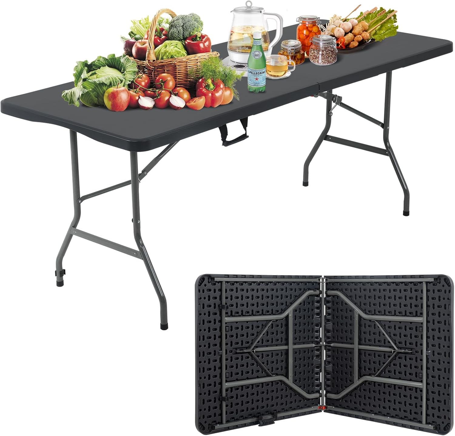 XXkseh Mesa plegable de 6 pies, mesa plegable portátil para interiores y exteriores, de plástico resistente, mesa de picnic con función de bloqueo,