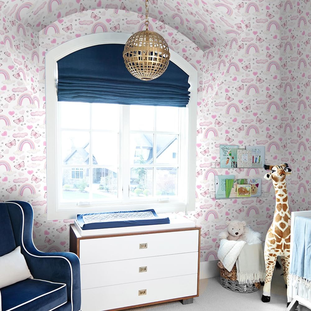 Papel tapiz de vinilo de 17.7 x 236.2 pulgadas, color rosa, arcoíris, mariposa, despegar y pegar, para habitación de los niños, para muebles de