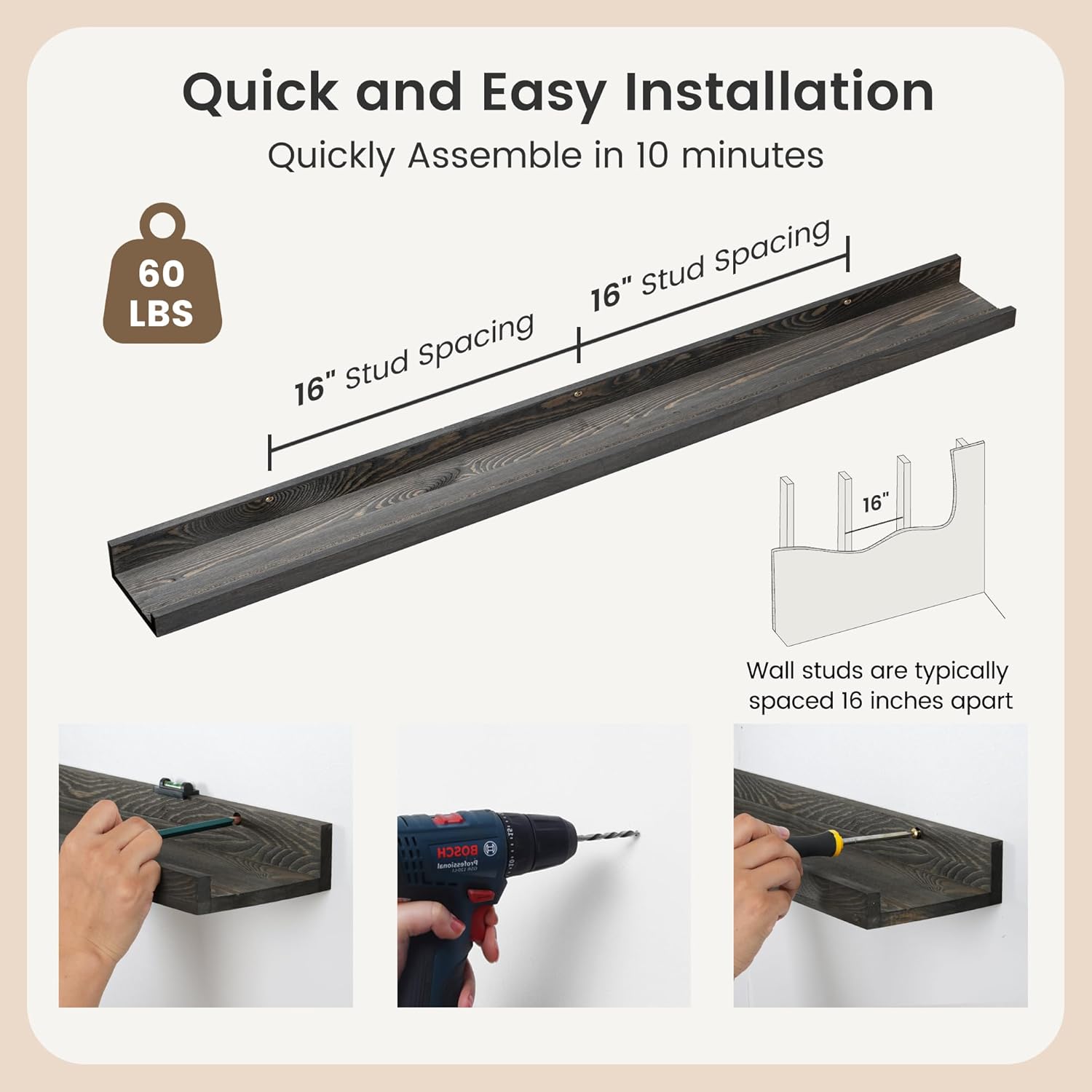 Juego de 2 estantes de pared de 48 pulgadas de ancho, estantes flotantes rústicos de madera de pino maciza para pared para habitación de niños,