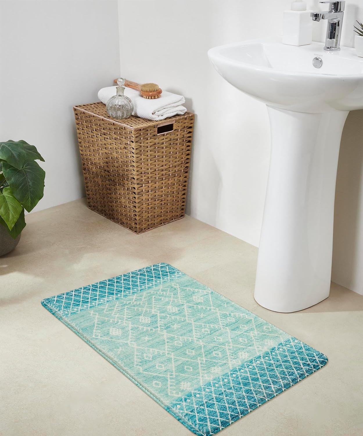 Uphome Tapete de baño antideslizante azul, de 18 x 25 pulgadas, tapete de baño geométrico marroquí, tapete de ducha de terciopelo suave de secado