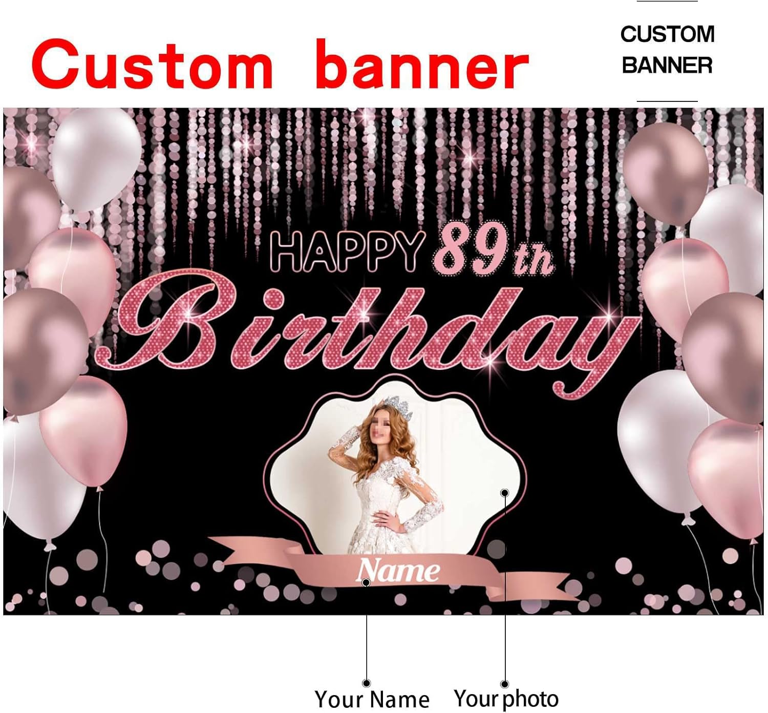 Cartel de decoración de feliz cumpleaños número 89 de oro rosa, tamaño grande, personalización con nombre y foto compatible