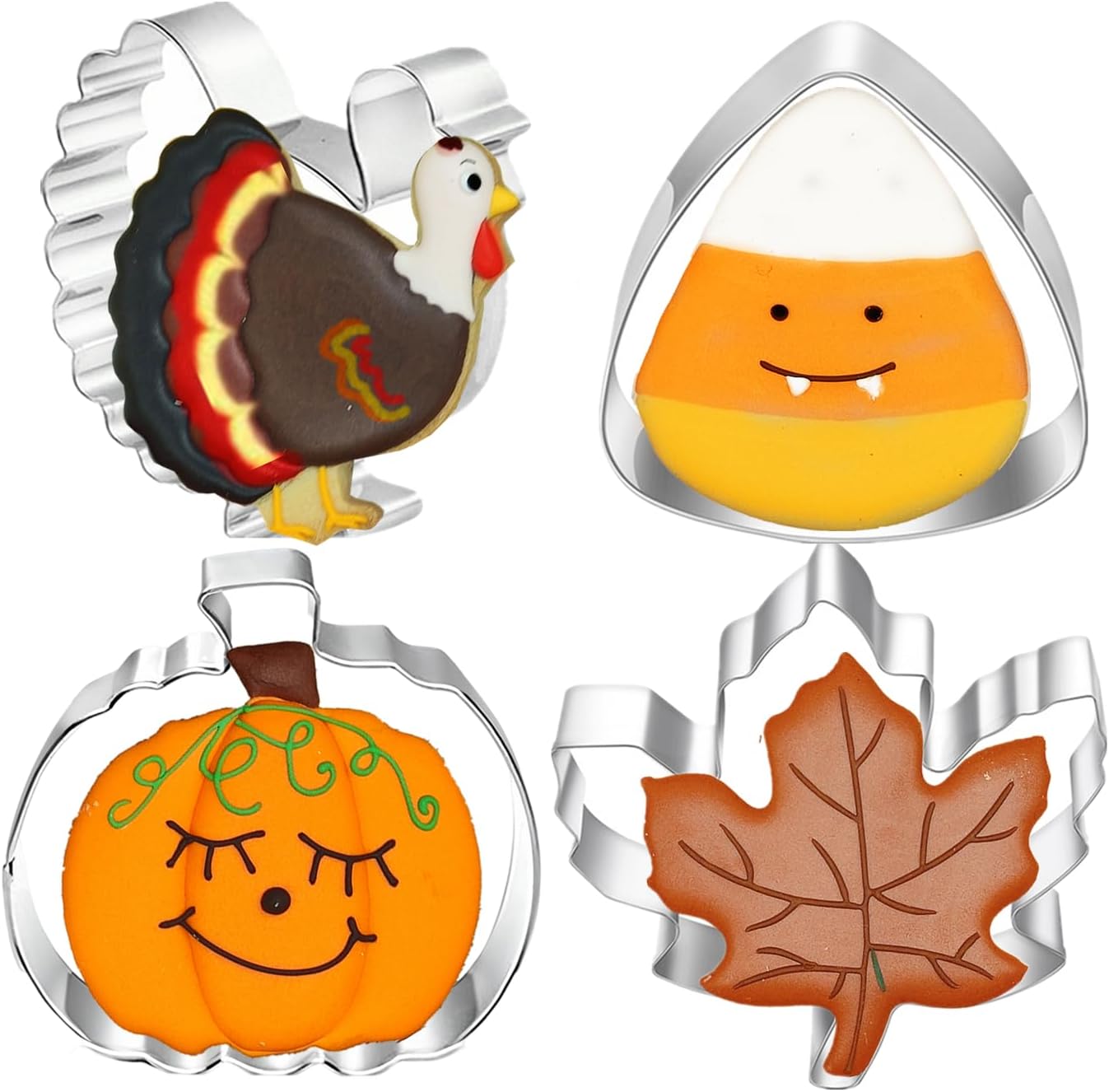 Juego de 4 cortadores de galletas grandes de otoño de Acción de Gracias con instrucciones de receta, formas navideñas de calabaza, hoja de arce,