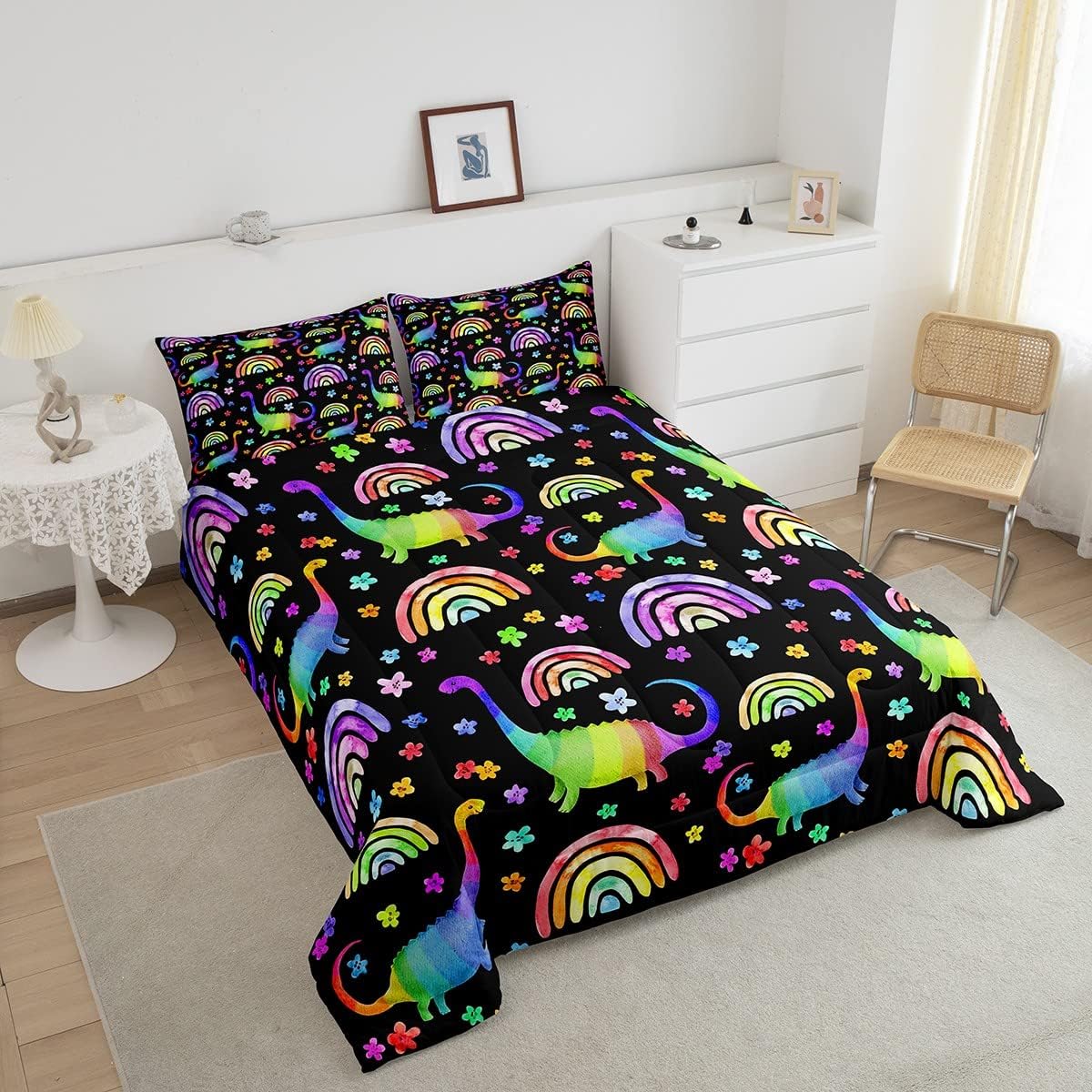 Erosebridal Juego de ropa de cama de dinosaurio para niños, juego de edredón de arcoíris para niñas, juego de edredón de flores coloridas, juegos de