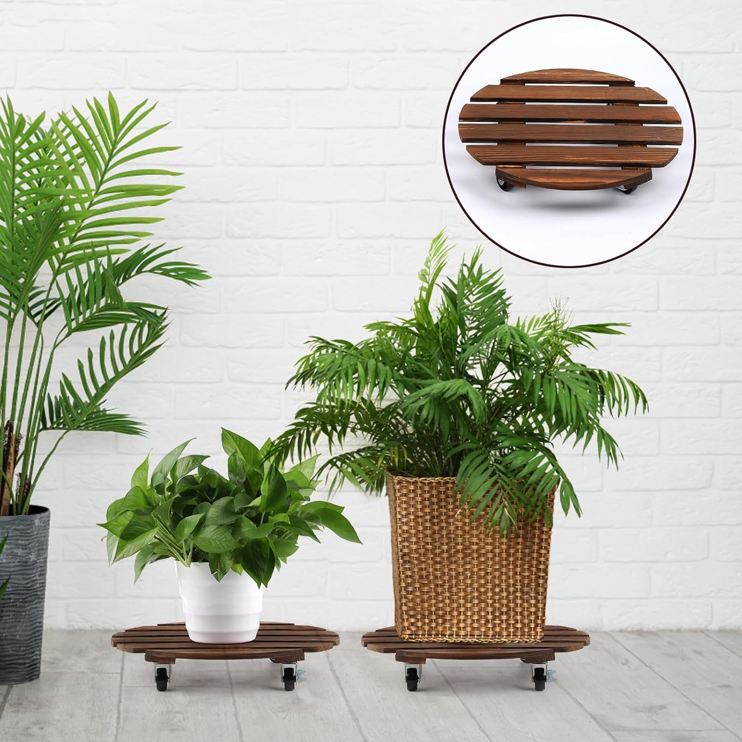 2 piezas de madera para plantas con ruedas bloqueables, carrito redondo de 12 pulgadas para transportar fácilmente macetas de 150 libras para