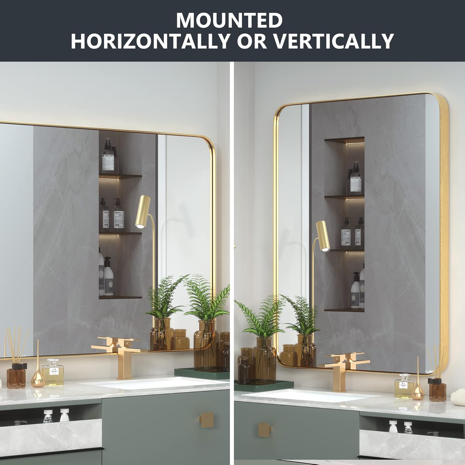 Espejo de baño dorado cepillado de 22 x 30 pulgadas para pared, espejo de baño con marco de acero inoxidable 304, espejo rectangular de granja de