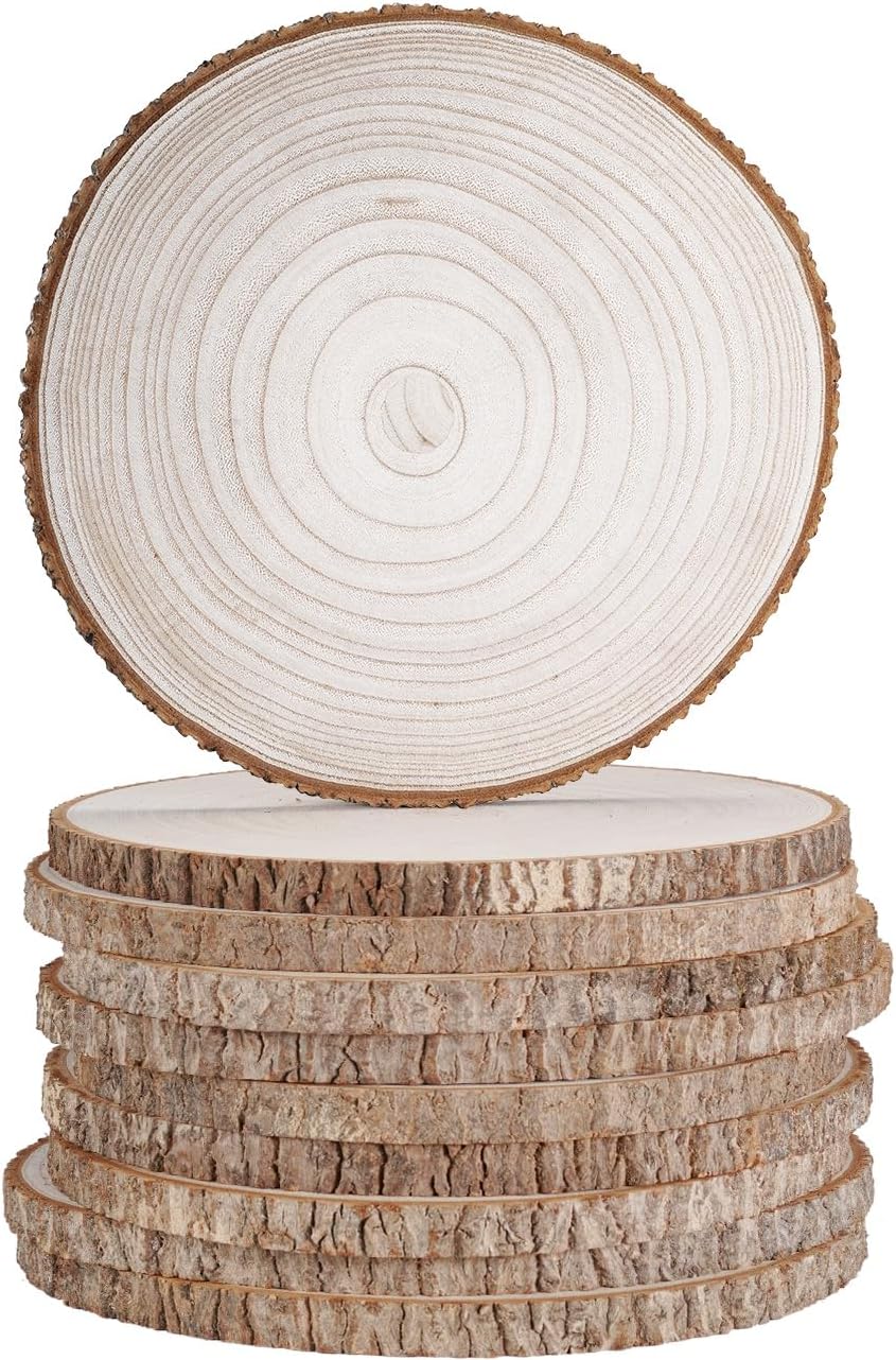 wohohoho 10 piezas de rebanadas grandes de madera natural de 9 a 10 pulgadas para centros de mesa, círculos de madera sin terminar con corteza para