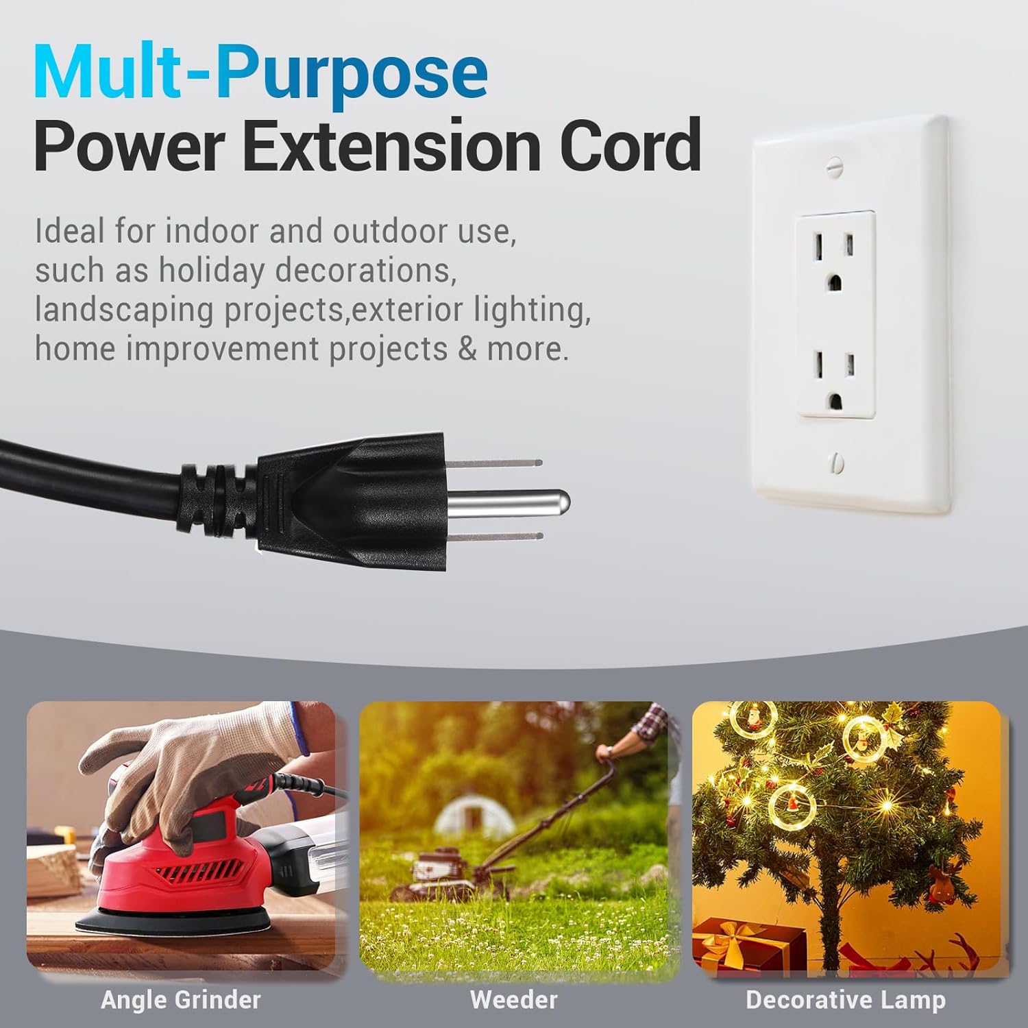 YOTIGER Cable de extensión para exteriores de 1 a 4 divisores para luces de Navidad, máximo 33.3 pies de extremo a extremo (43 pies en total),
