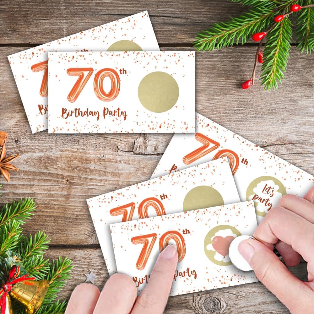 REWIDPARTY Tarjetas de juego para raspar para fiesta de 70 cumpleaños para adultos (32 unidades) entradas rosadas para raspar cumpleaños de 70