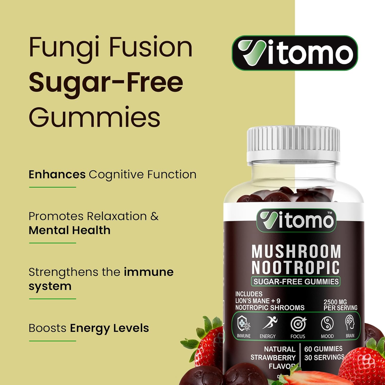 Vitomo – Gomitas de hongos – Gomitas de suplemento de hongos fresa sin azúcar – Mezcla de complejo de 10 hongos – Melena de león, Cordyceps, Reishi,
