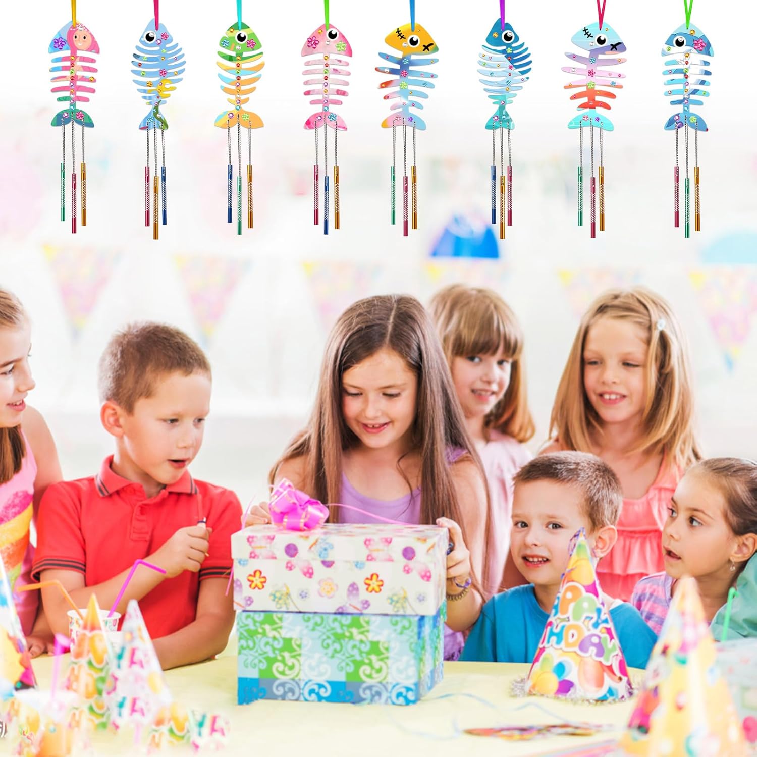 Beria Kits de campanillas de viento para niños, paquete de 12, haz tu propio carillón de viento de pescado, manualidades de madera para niños,