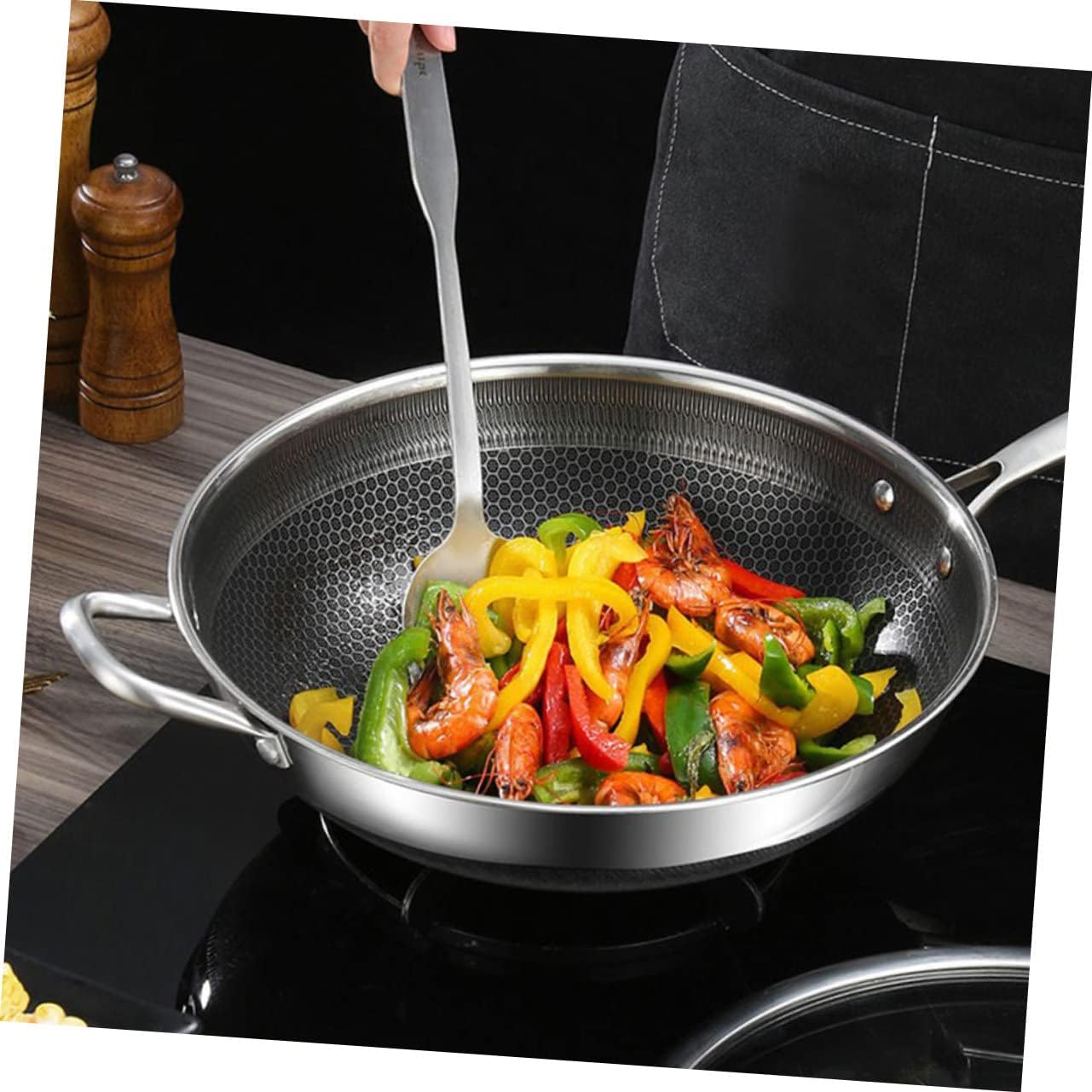 HAKIDZEL Wok de acero inoxidable antiadherente Sartén antiadherente utensilios de cocina antiadherentes Sartén de acero inoxidable Utensilios de