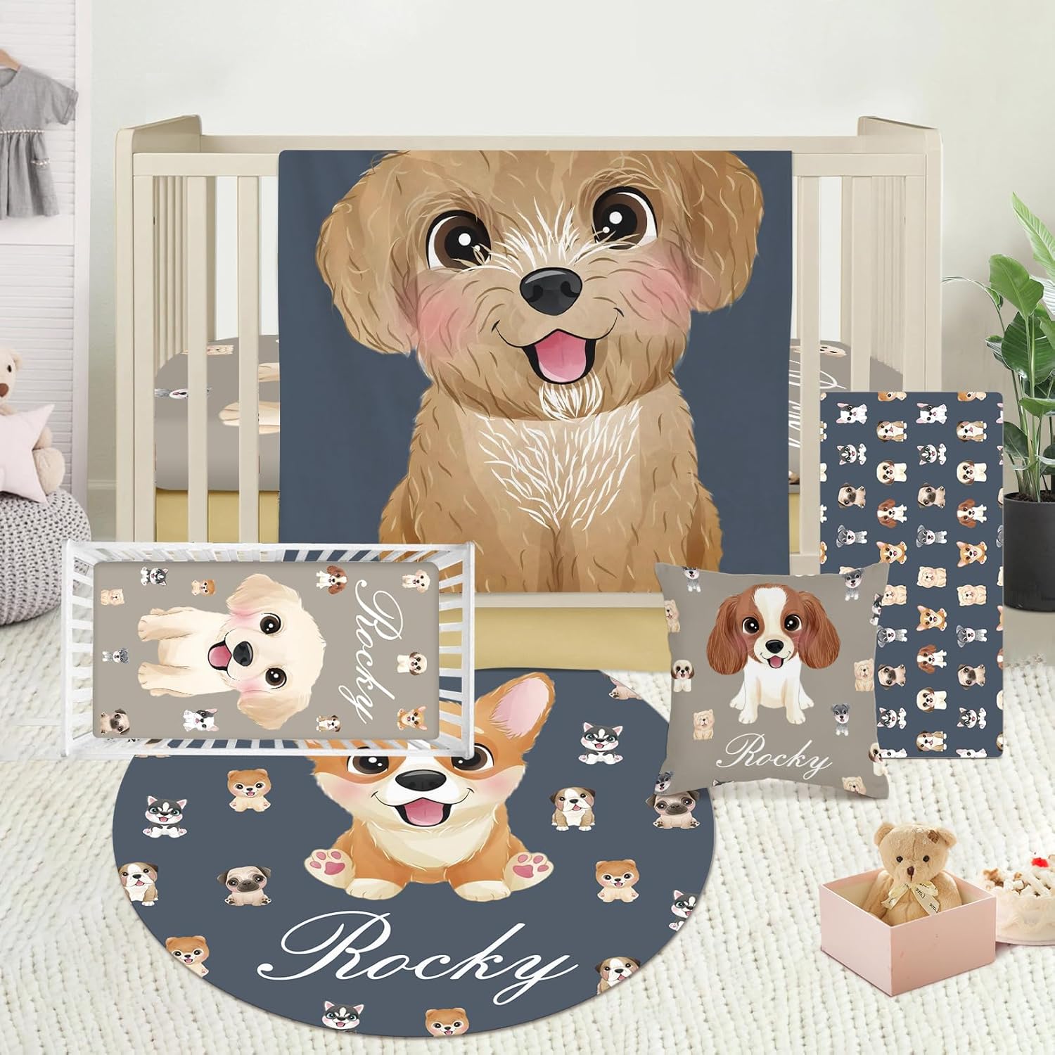 Juego de ropa de cama personalizado para cuna juego de guardería con nombre personalizado y tema impreso, juego de cuna de 5 piezas suave y seguro