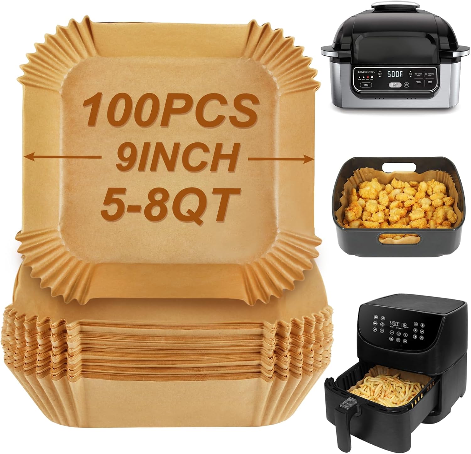 BYKITCHEN Hojas para freidora de aire para parrilla Ninja AG301, Cosori, freidora de aire Gourmia, filtros de papel pergamino cuadrados de 9