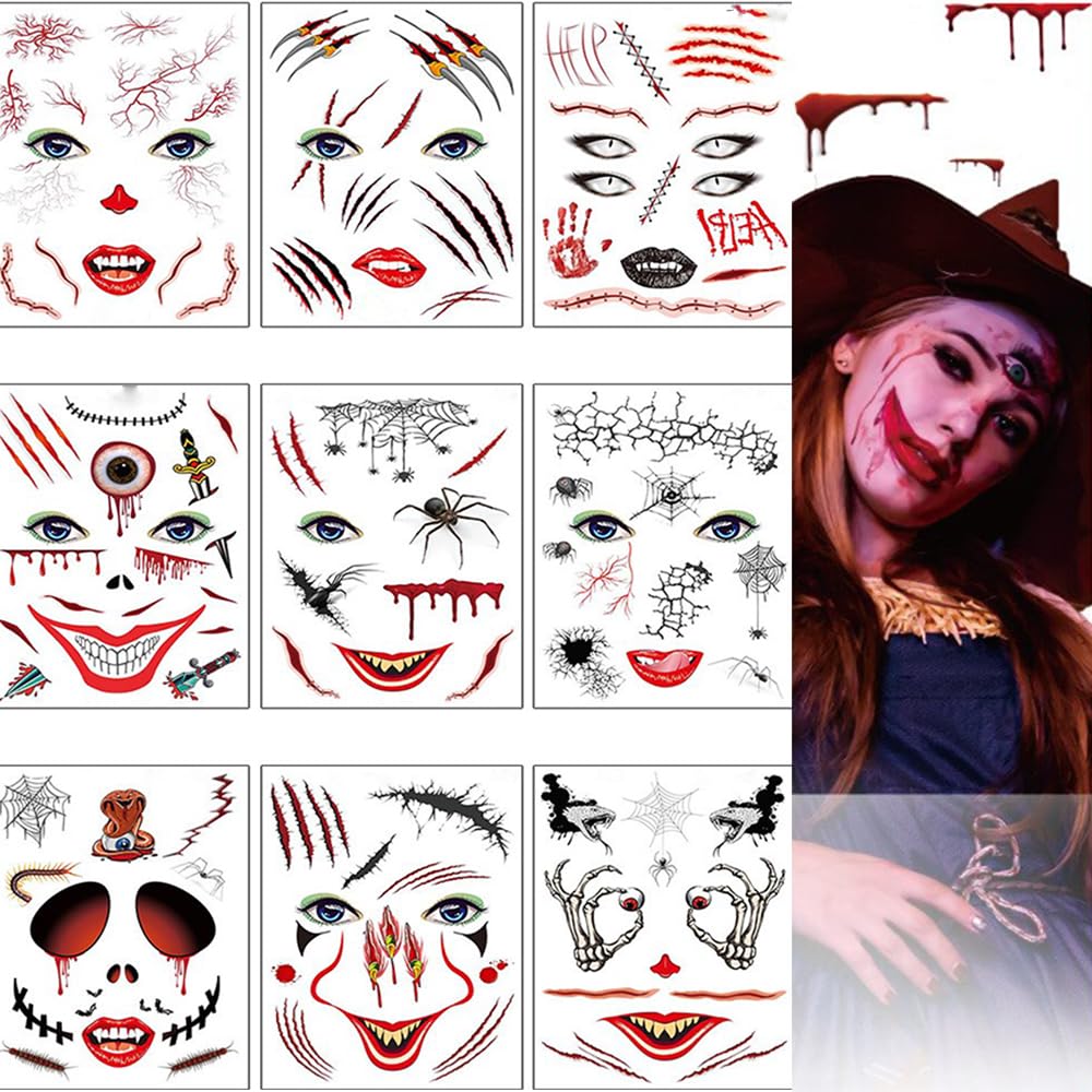 9 hojas de tatuajes temporales de Halloween, cicatrices de heridas de terror, impermeables, tatuajes adhesivos para fiestas de máscaras,