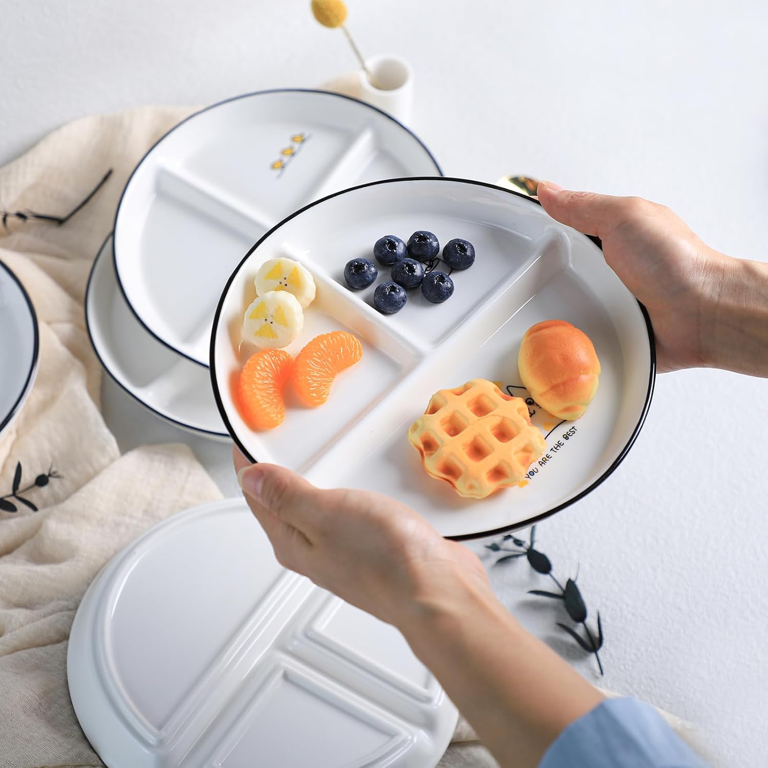 SOCOSY Plato de cerámica de control de porciones de 3 compartimentos, platos divididos, plato de postre dividido, plato de ensalada, plato de cena,