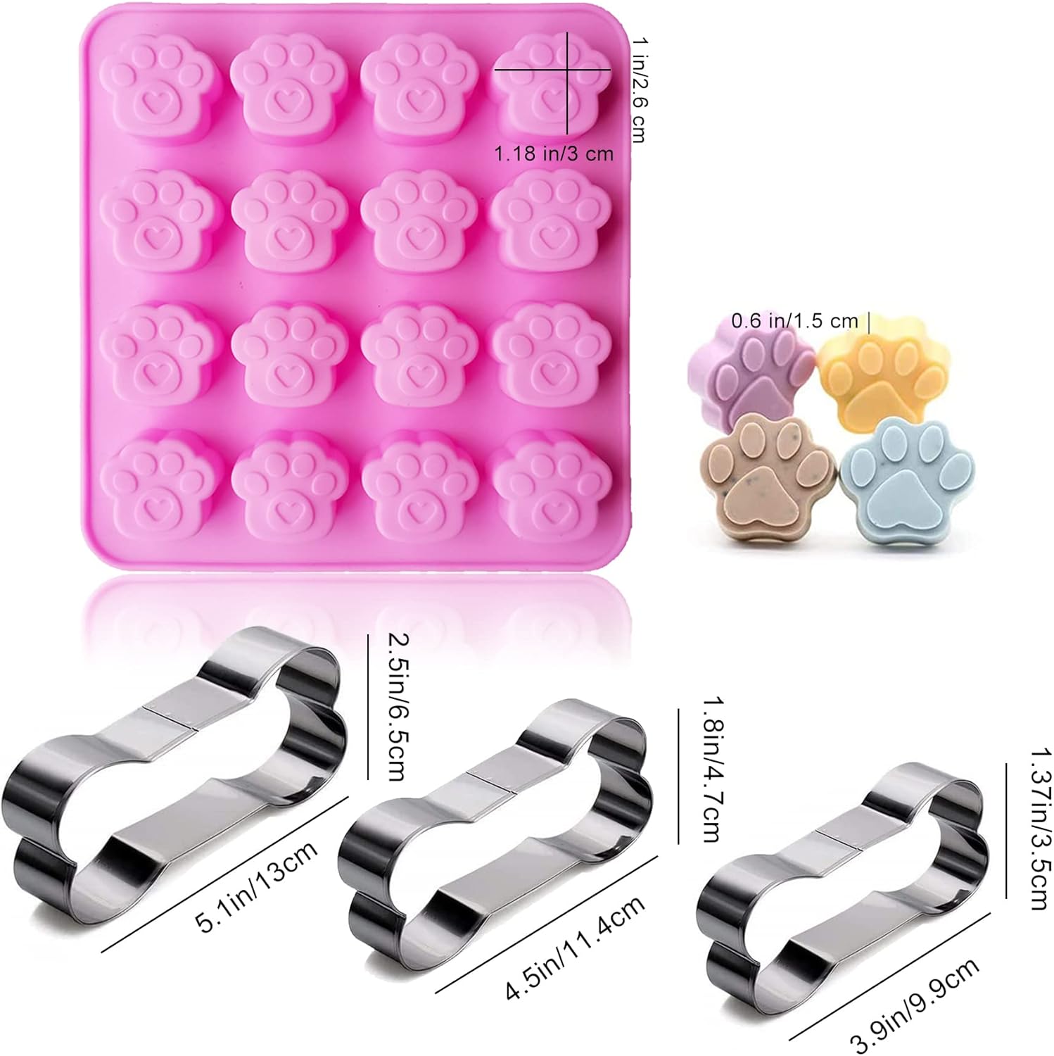 Set of 52 Pcs Silicone Molds Puppy Dog Paw, 16-Cavity, 3 Pieces Stainless Steel Bone Cookie Cutter,for Chocolate, Candy, Jelly, Ice Cube, Dog Treats.