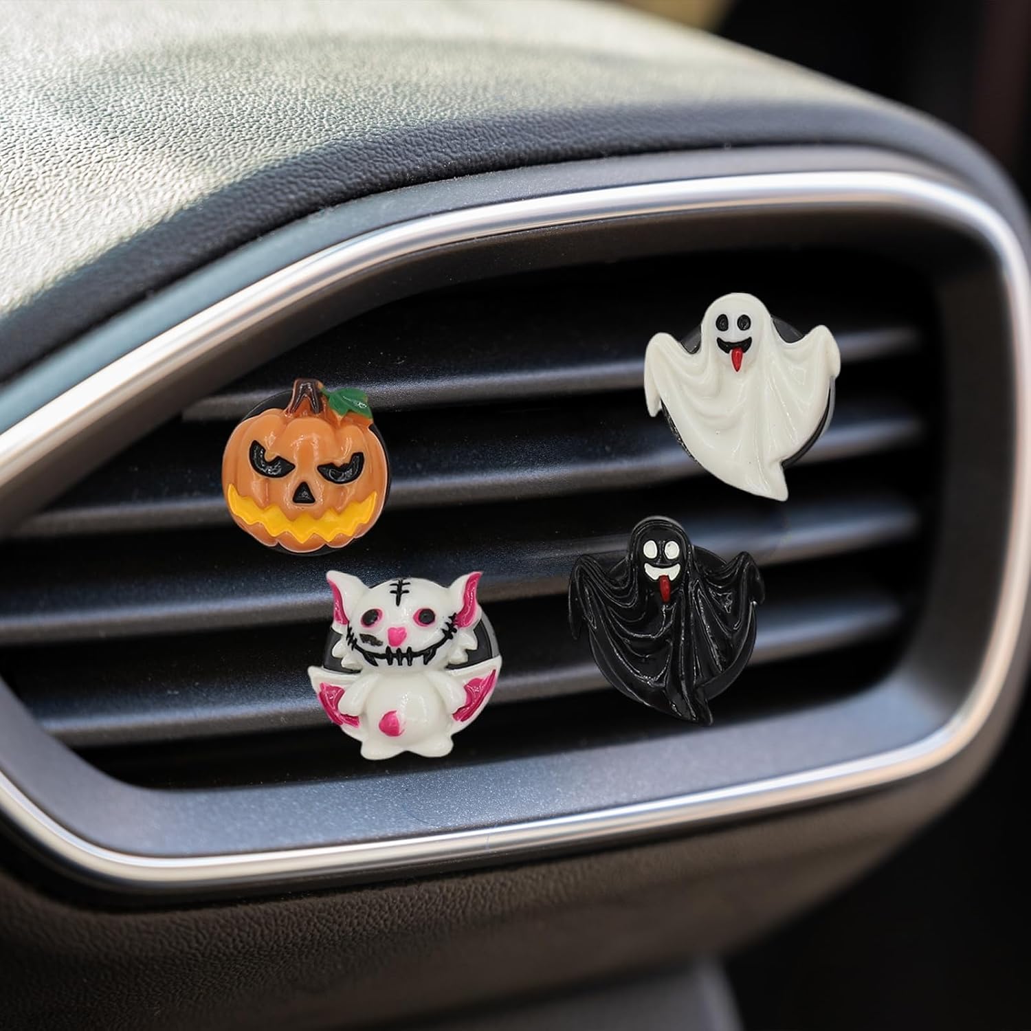 4 clips de aire divertidos de resina para Halloween, calabaza, calavera y fantasma, clips de ventilación de aire acondicionado para automóvil, clip