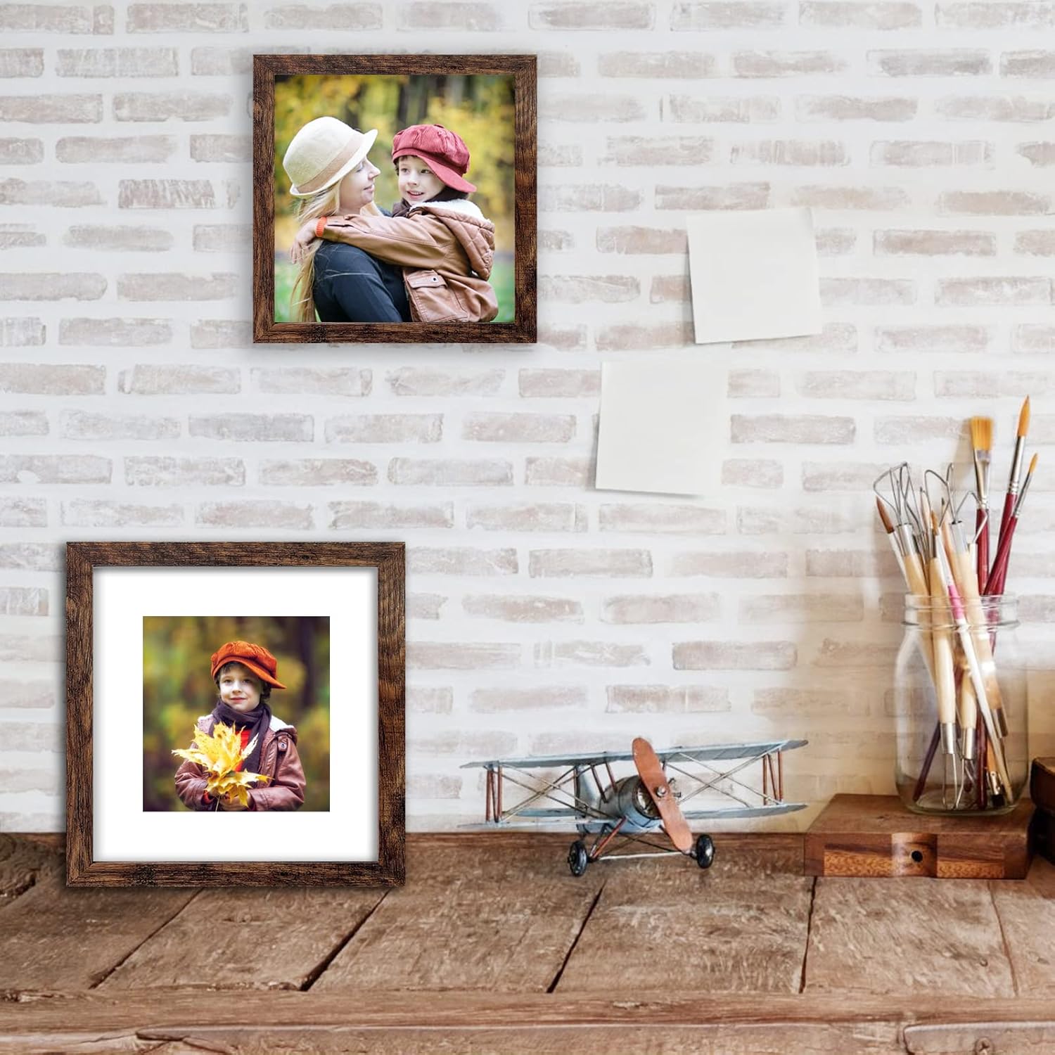 Juego de 6 portarretratos de madera marrón rústica de 8 x 8, para fotos de 5 x 5 con paspartú o de 8 x 8 pulgadas sin paspartú, marcos de fotos