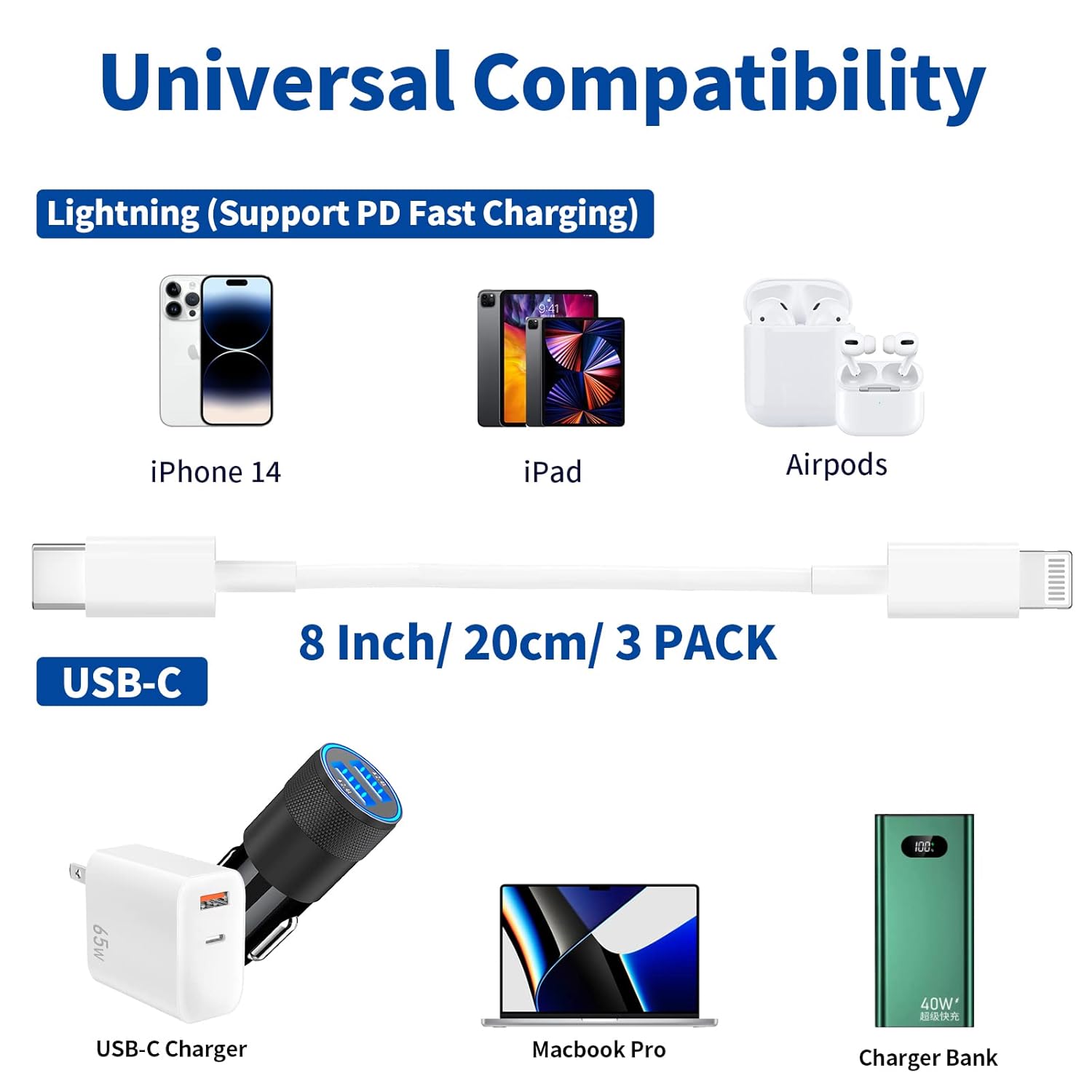 Certificado Apple MFi Cable corto USB-C a Lightning (paquete de 3 0.6 pies), cable de carga rápida para iPhone, cable de carga USB-C de entrega de