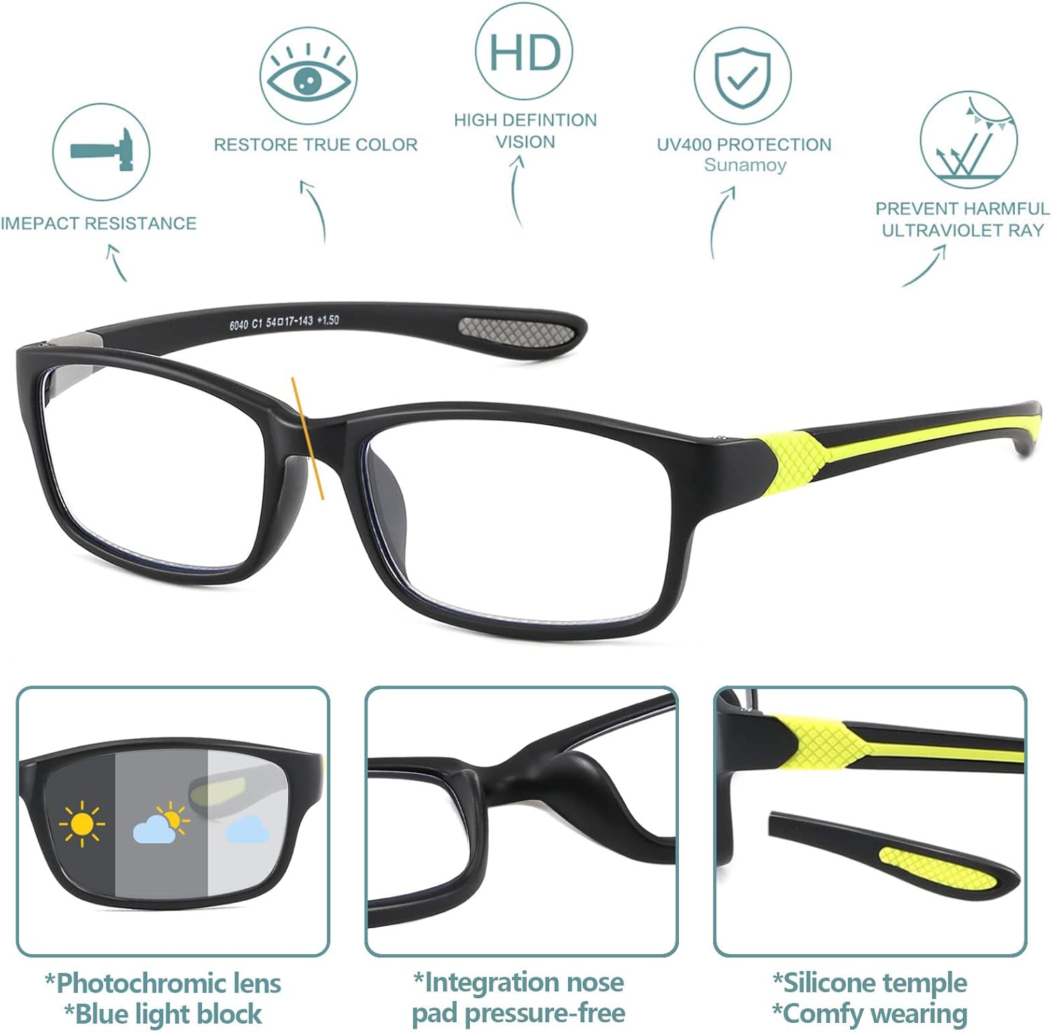 Lentes de lectura anchos con luz azul para lector de computadora, diseño deportivo, tramposo, marco de cabeza grande, anteojos fotocromáticos