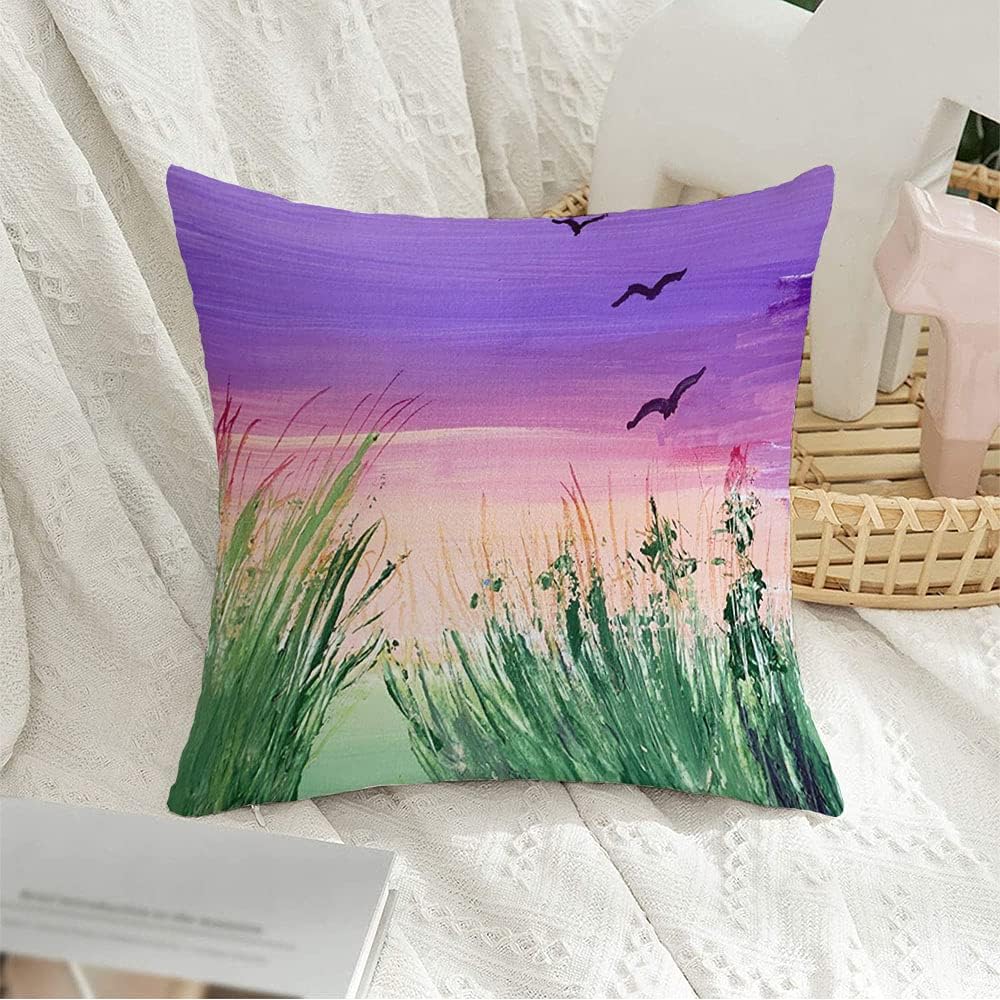 Decorative Throw Pillow Covers Square Cushion Case Drawing Green Grass Pink Sky Concept Spring Purple Banner Textures Textile Contains Nature Birds