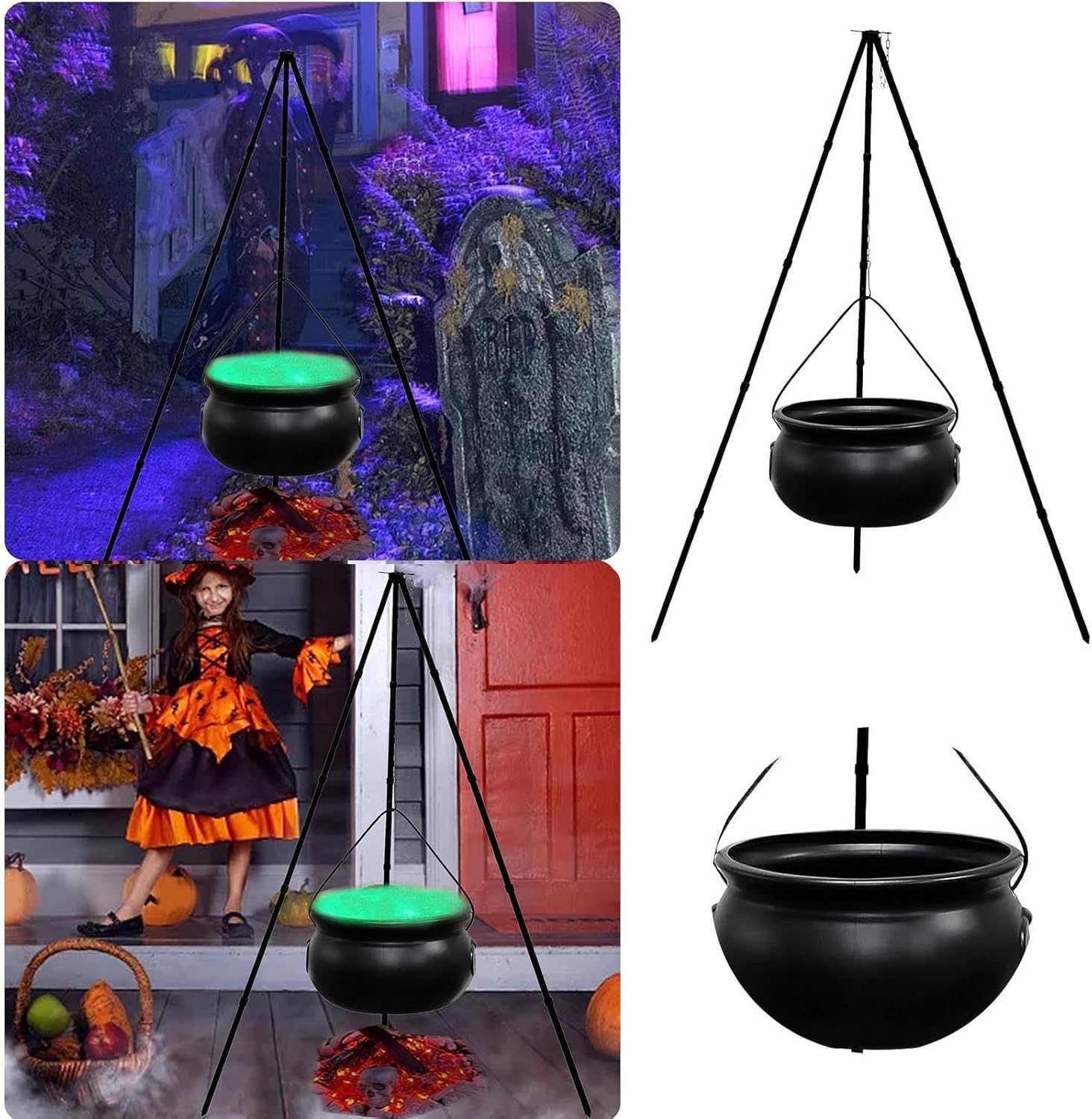 Caldero de brujas de Halloween en trípode con luces de temporizador, decoraciones de Halloween para exteriores, caldero grande, bruja, decoraciones