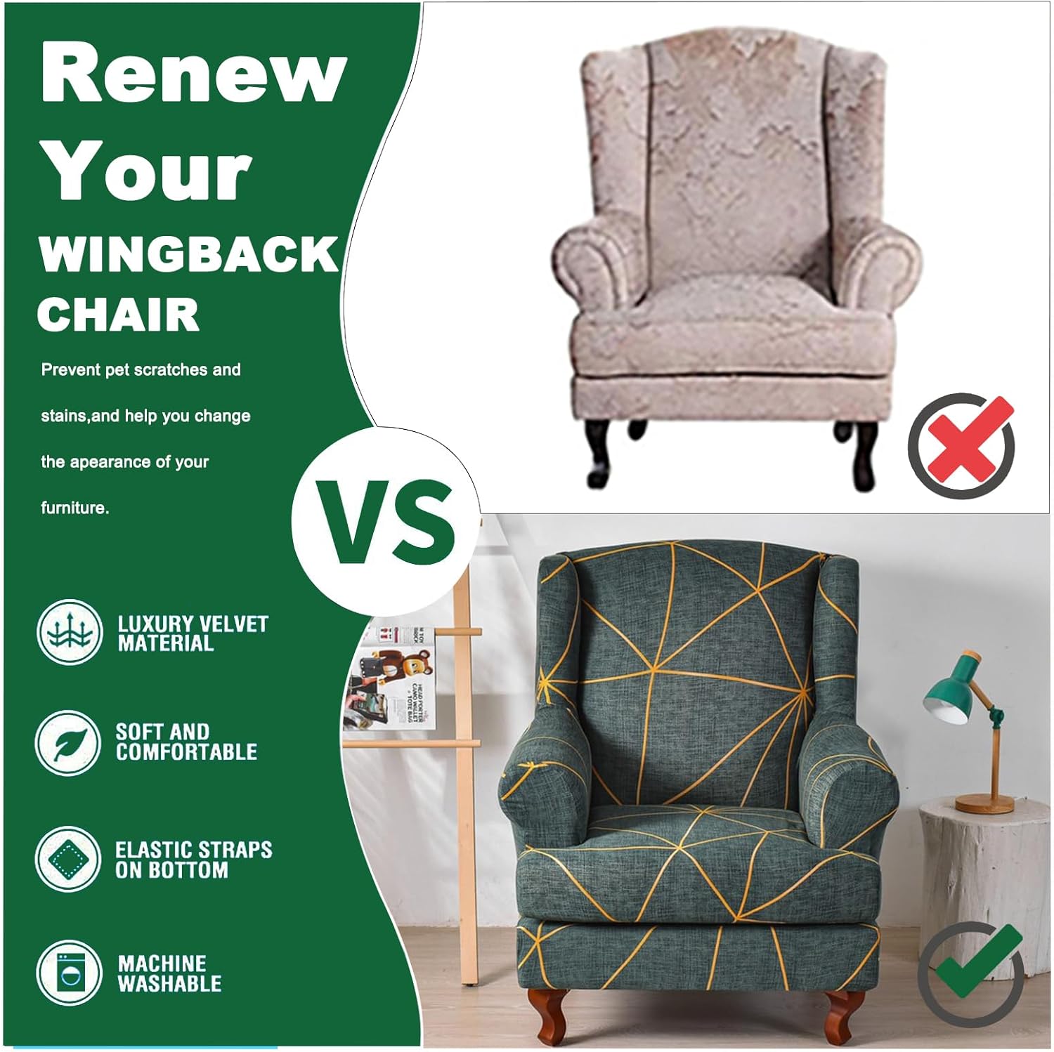GOSTADY Funda para silla Wingback, 2 piezas, fundas de silla de alta elasticidad, fundas para sillón, estampado de plantas, lavables, fundas de